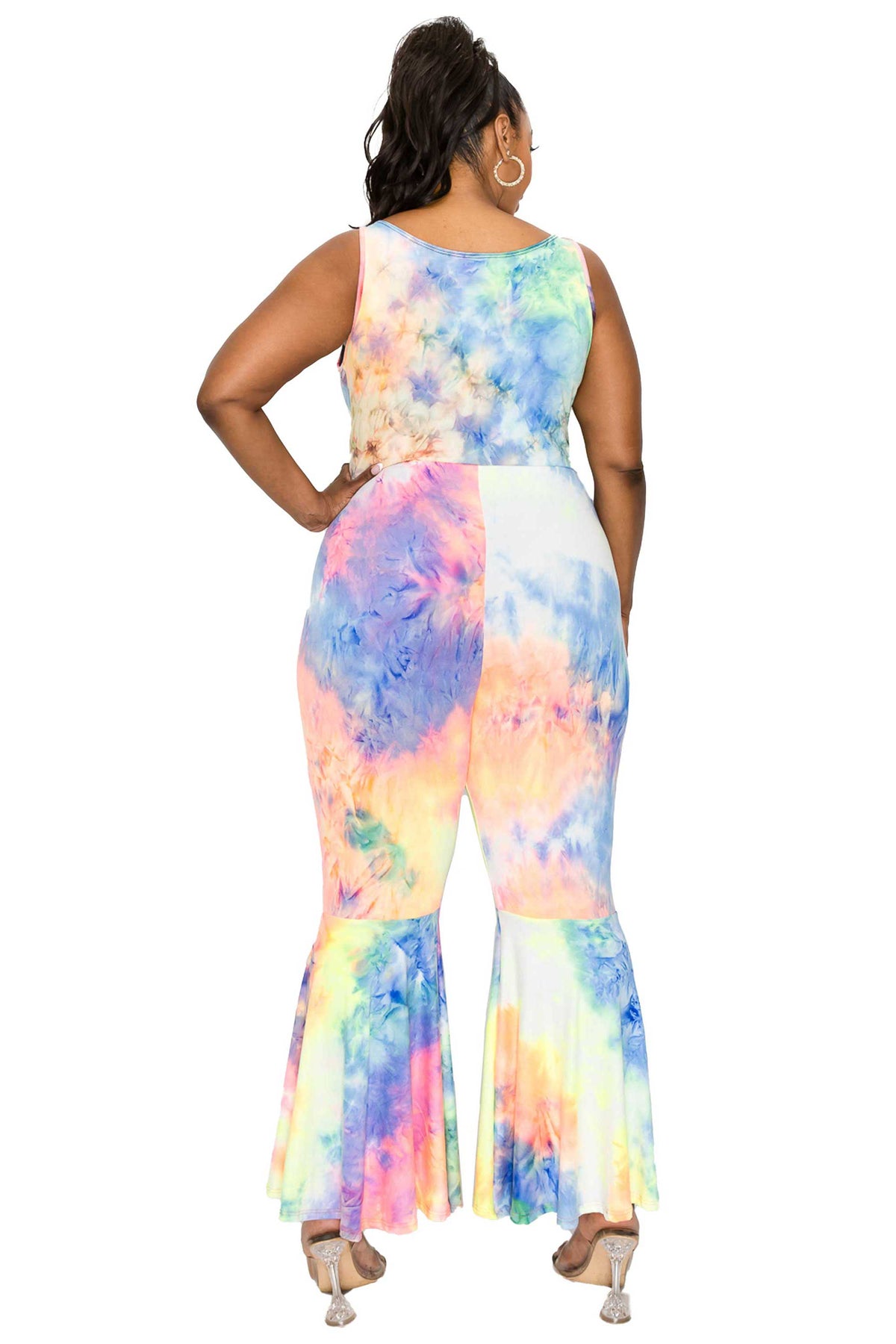 Tie Dye Bodycon Flare Leg Jumpsuit - L I V D