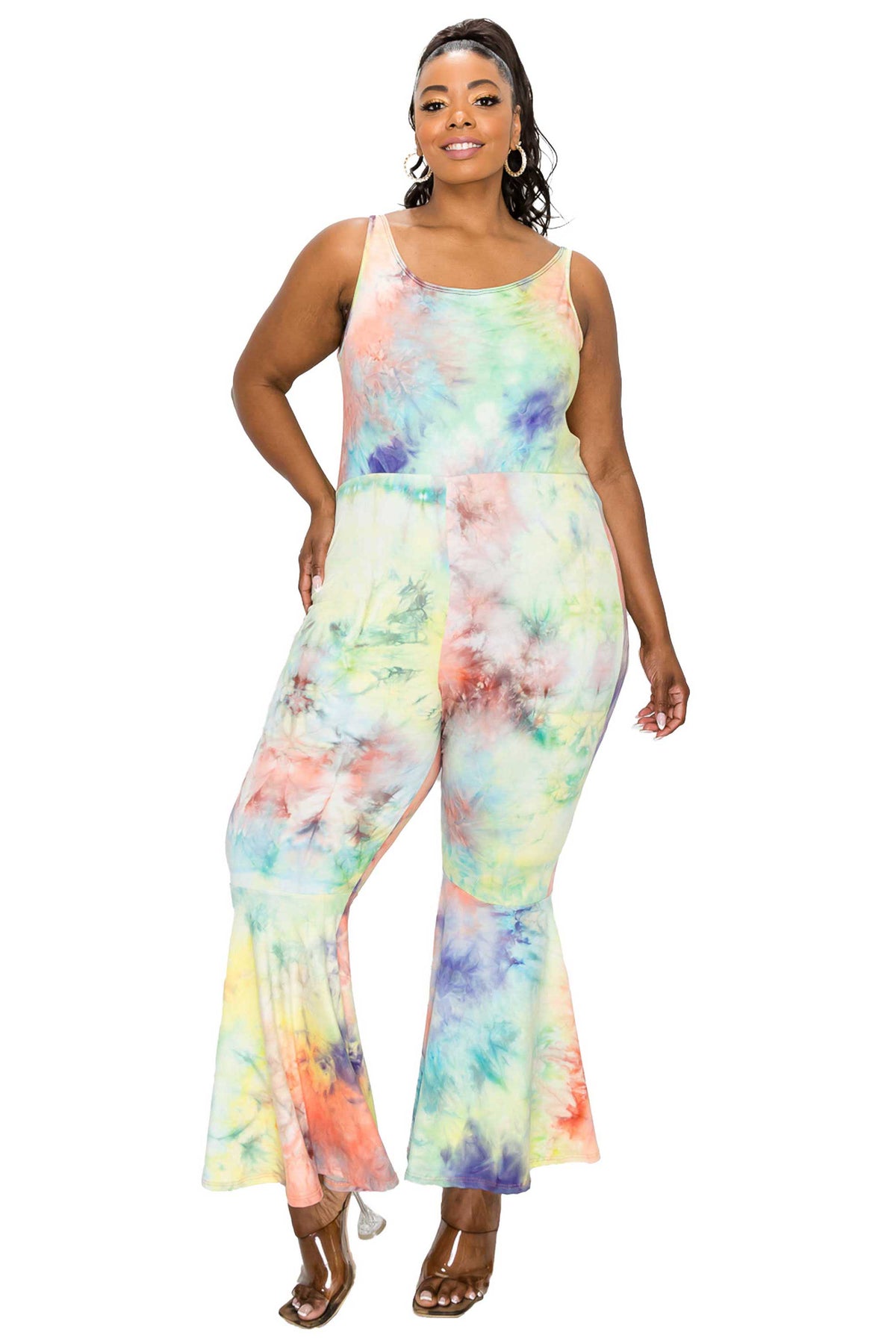 Kelse Tie Dye Bodycon Flare Leg Jumpsuit