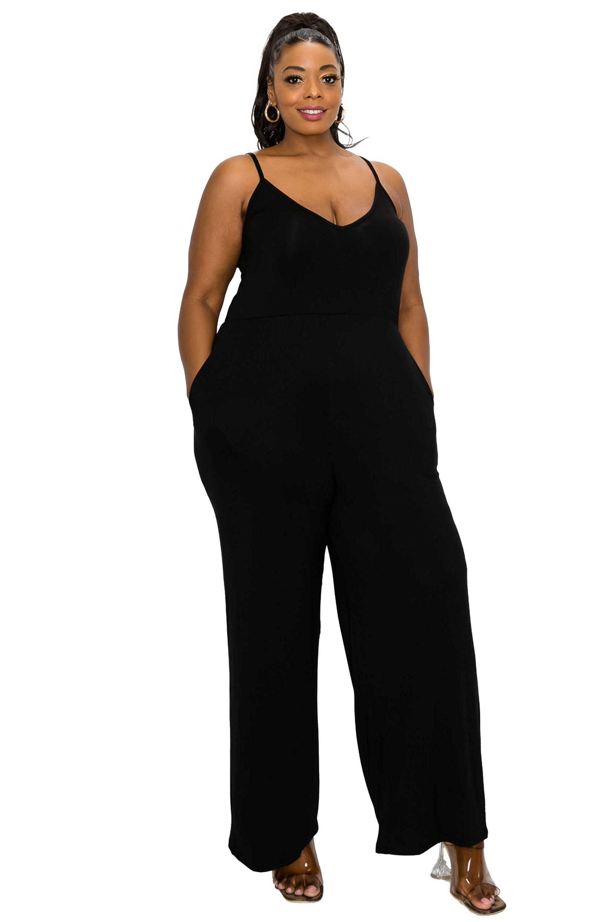 livd plus size boutique cami neck wide legged pocket jumpsuit in black