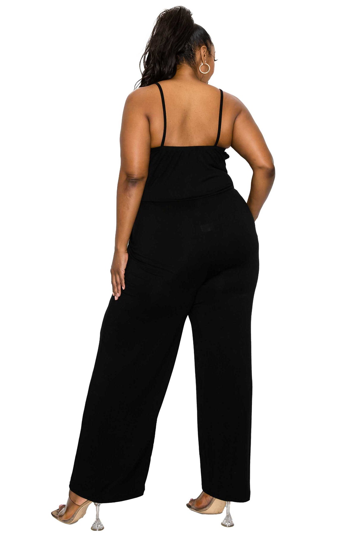 livd plus size boutique cami neck wide legged pocket jumpsuit in black