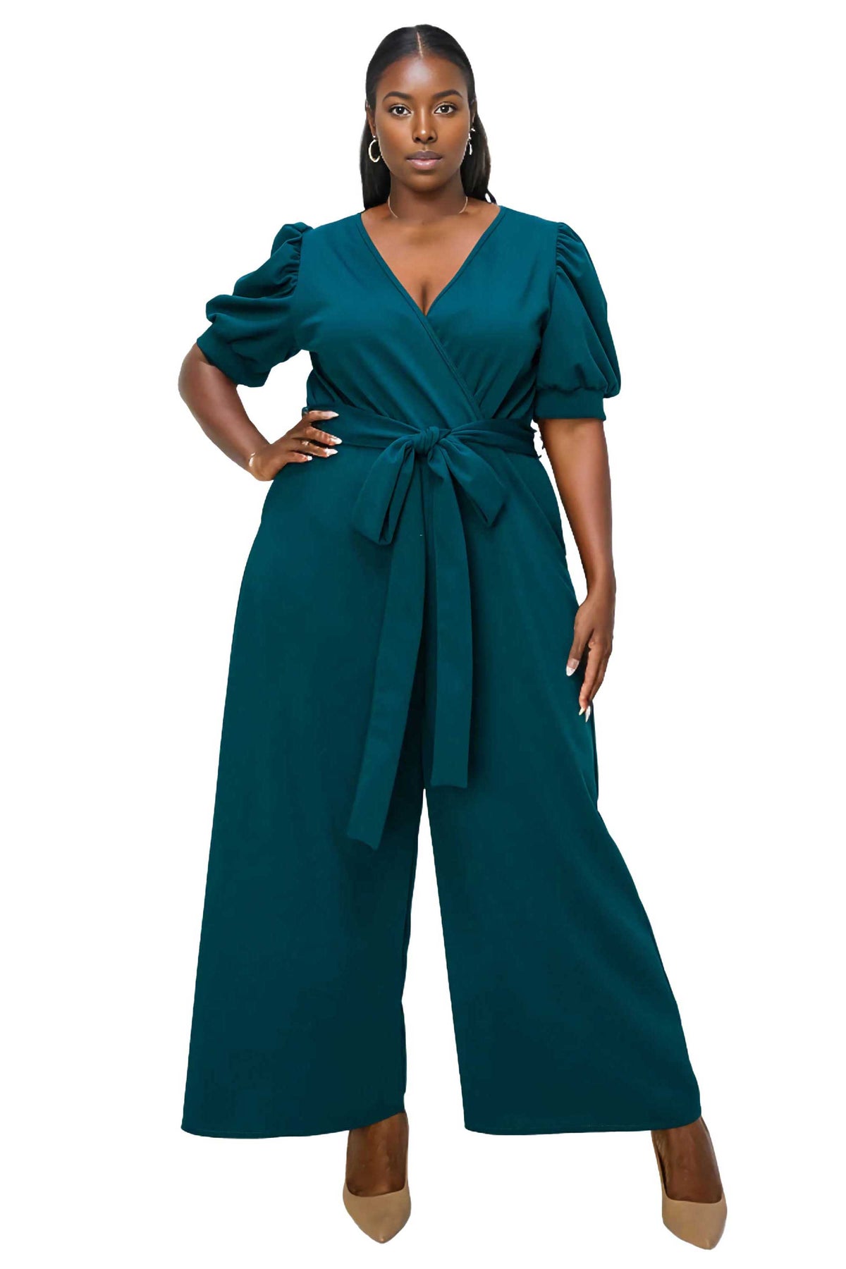 L I V D Plus Size Iris Surplice Belted Pocket Jumpsuit