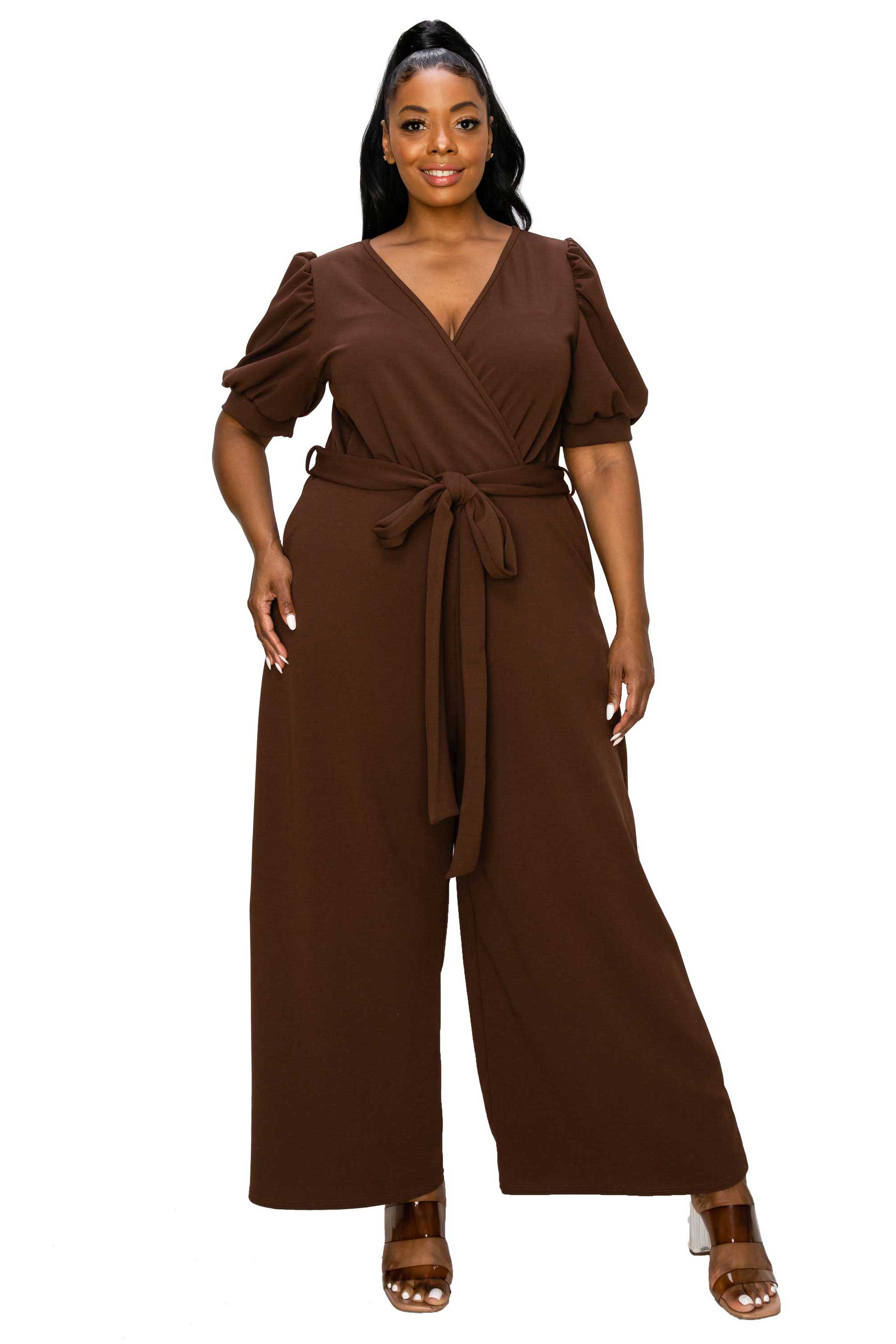 L I V D Plus Size Iris Surplice Belted Pocket Jumpsuit