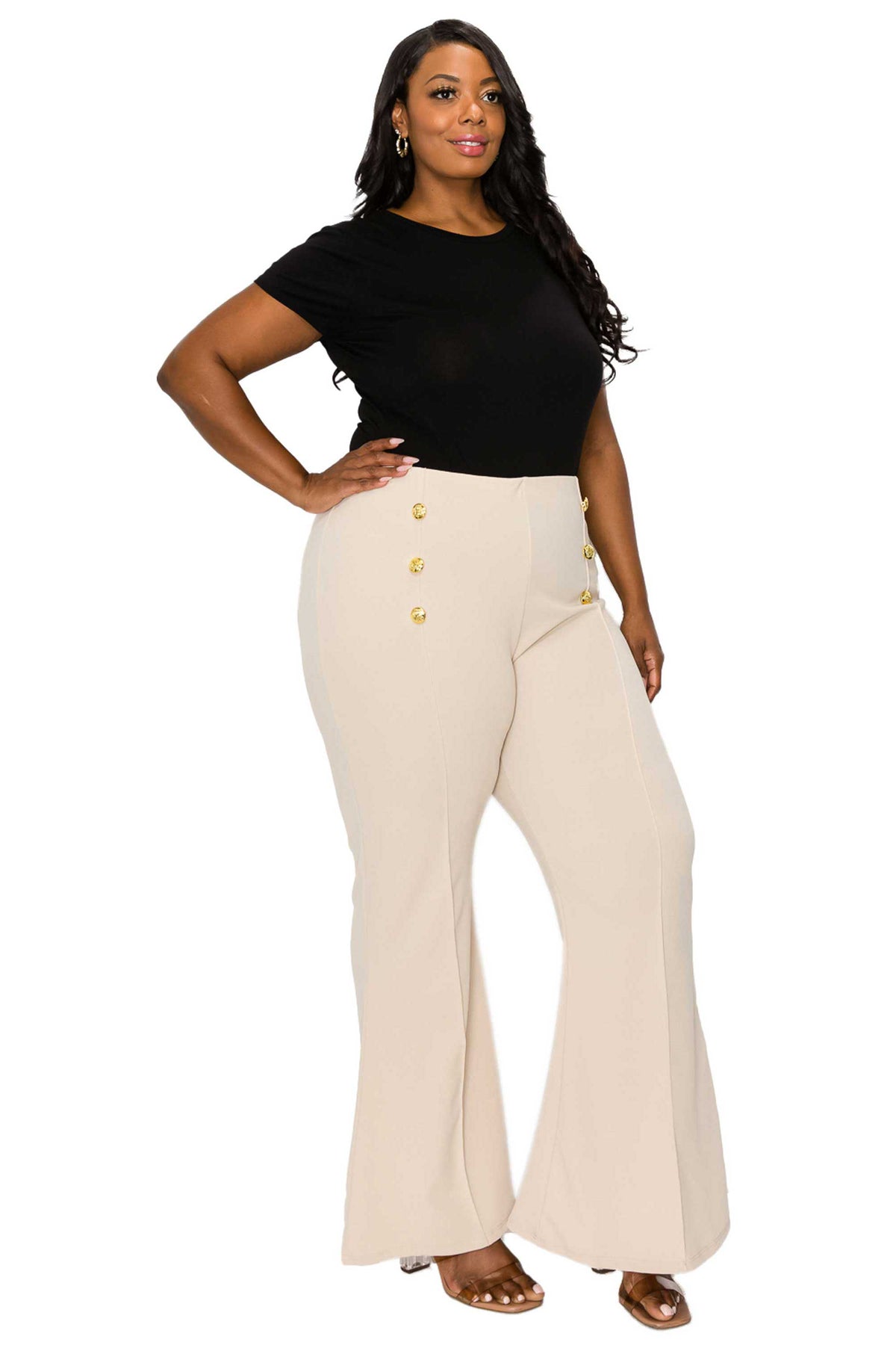 High Waisted Button Detail Flare Pants - L I V D