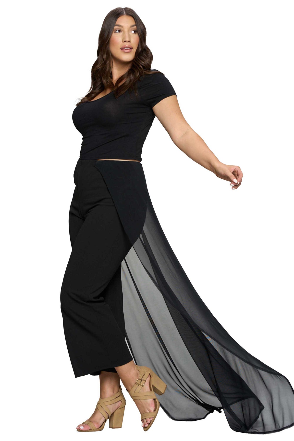 livd plus size boutique mesh cape capri pants in black