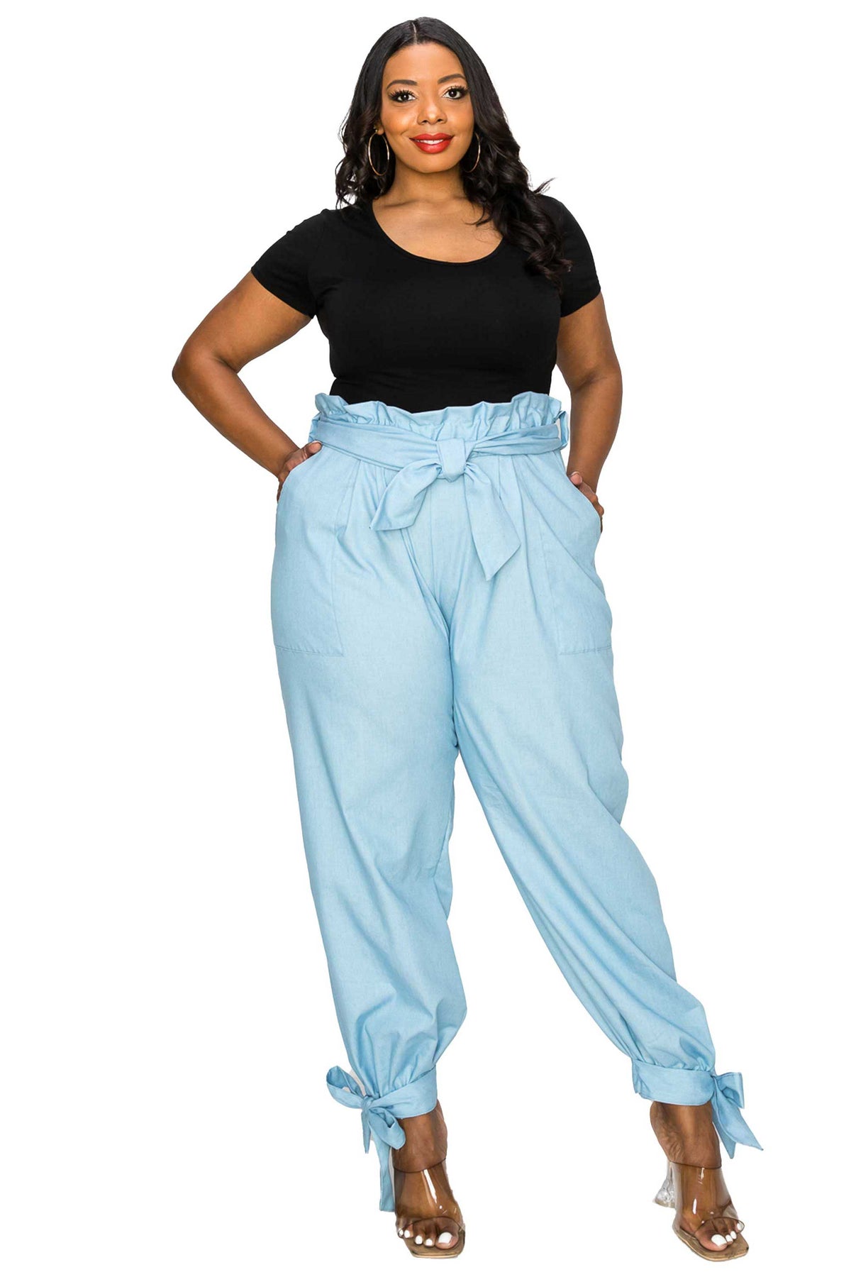 livd apparel plus size boutique contemporary paperbag denim pants with waist tie and leg cuff ribbons in light blue