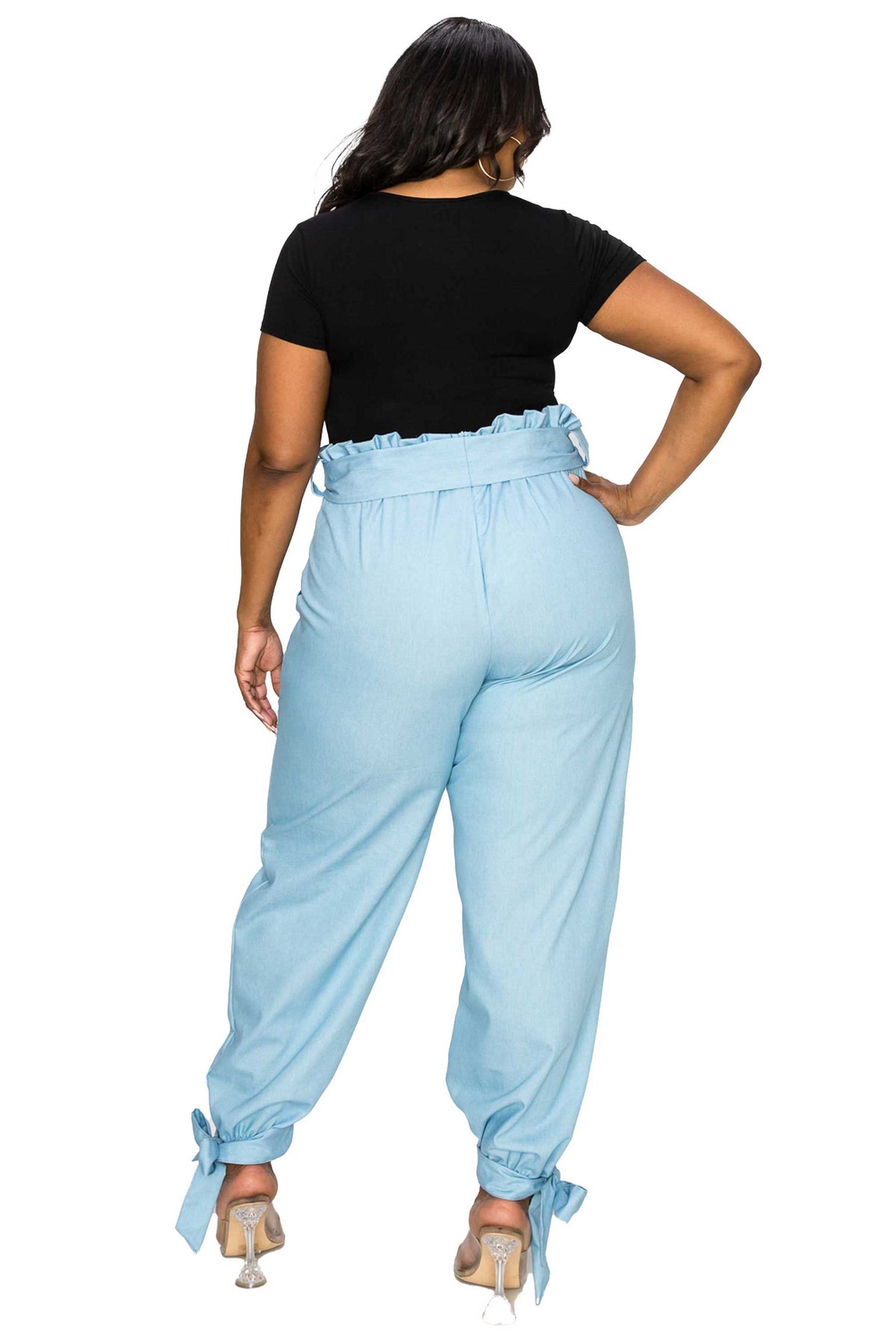 livd apparel plus size boutique contemporary paperbag denim pants with waist tie and leg cuff ribbons in light blue