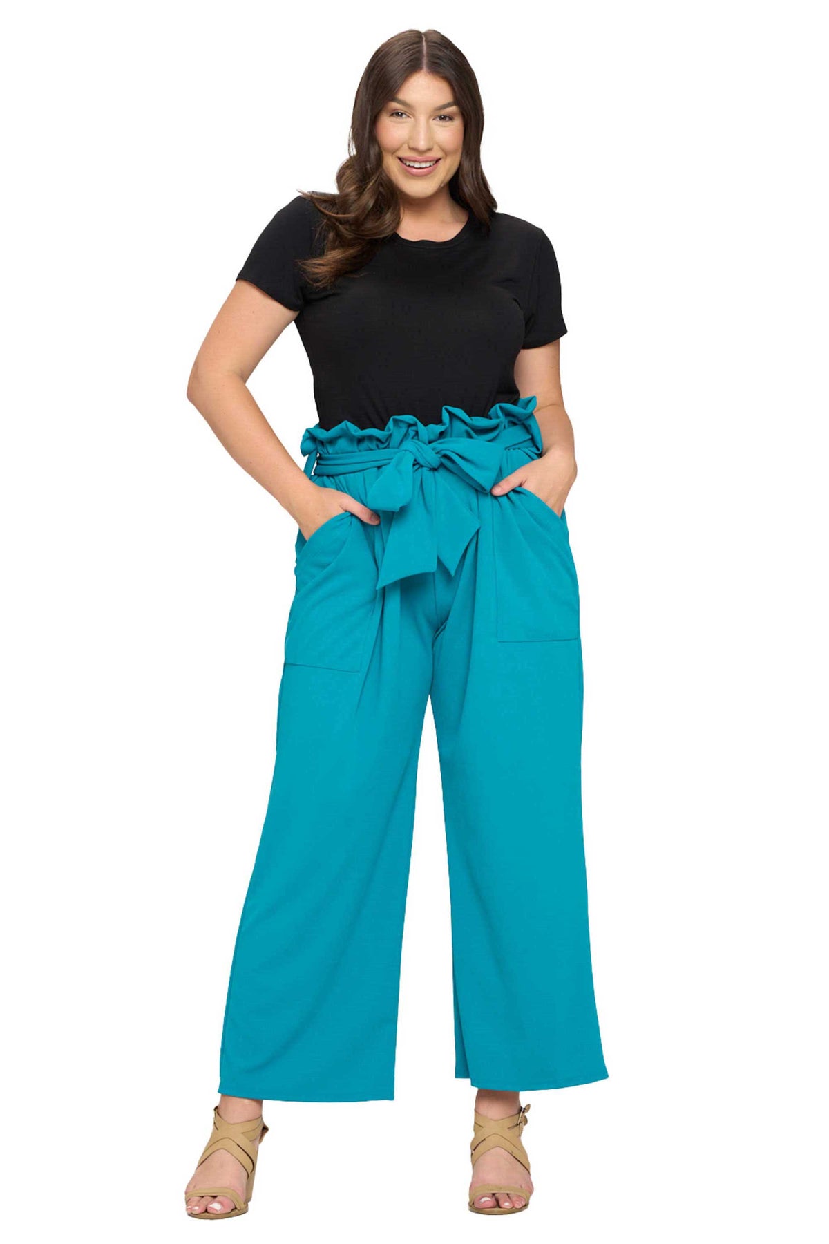 plus size paperbag belt tie pants with large pockets in jade