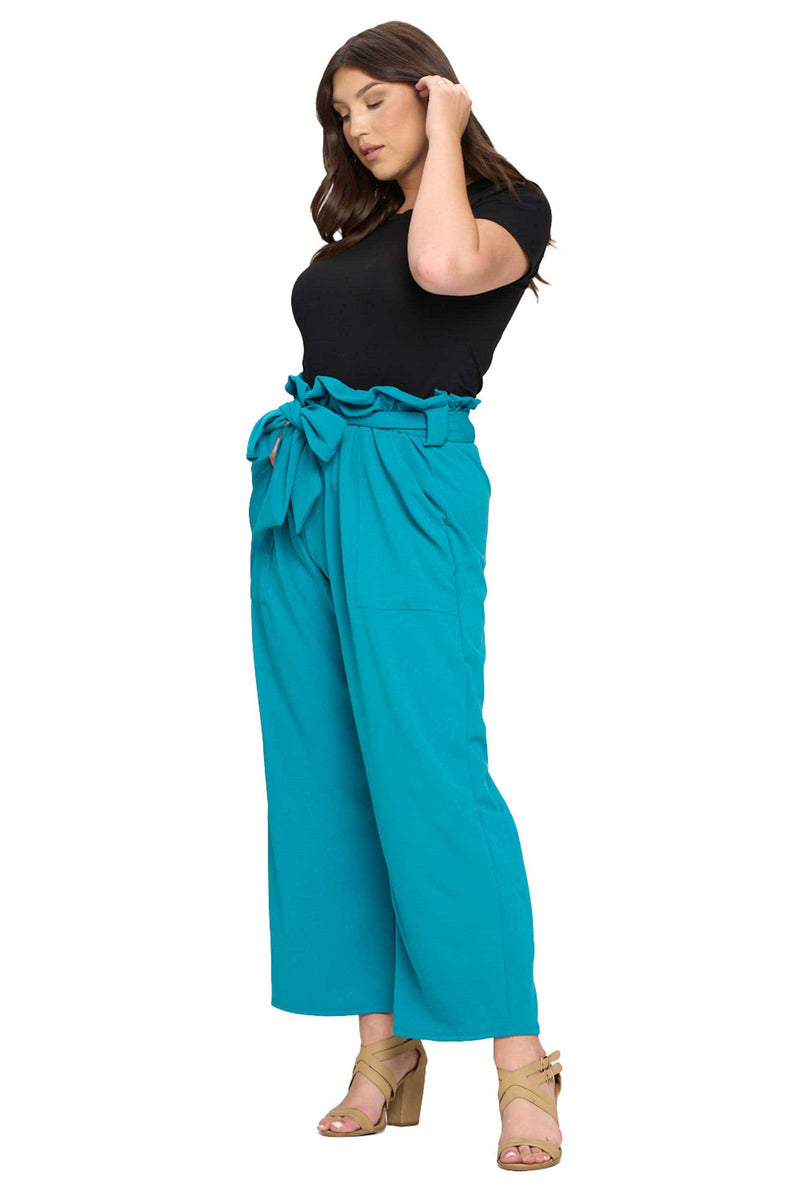 plus size paperbag belt tie pants with large pockets in jade