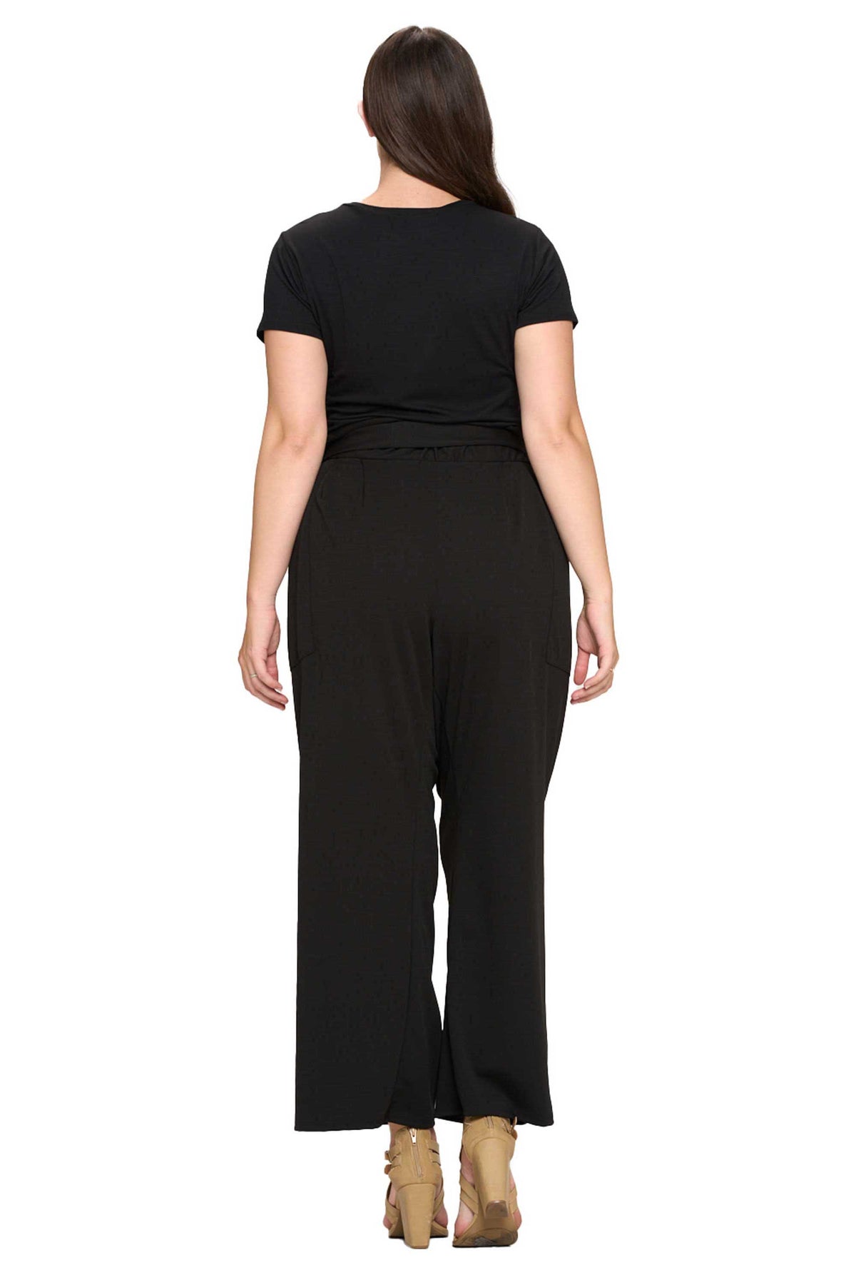 plus size paperbag belt tie pants with large pockets in black