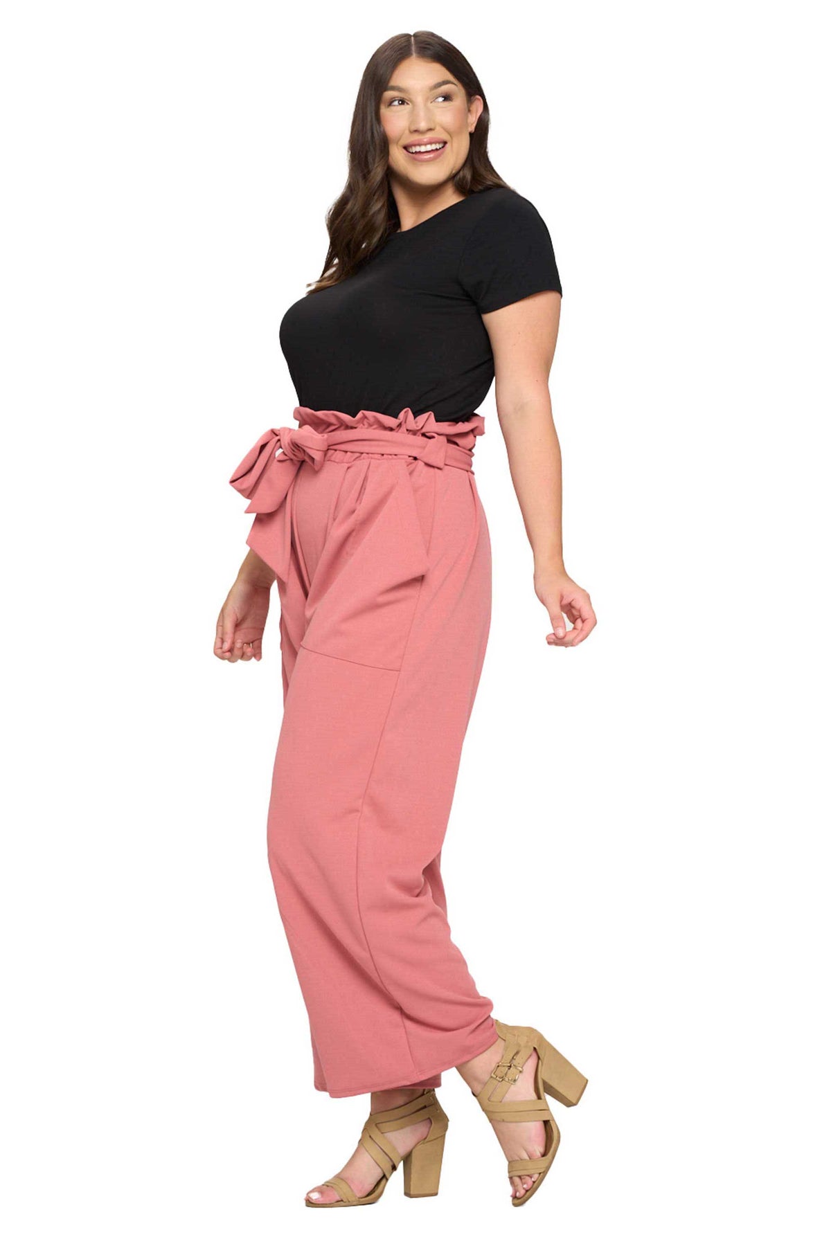 plus size paperbag belt tie pants with large pockets in pink