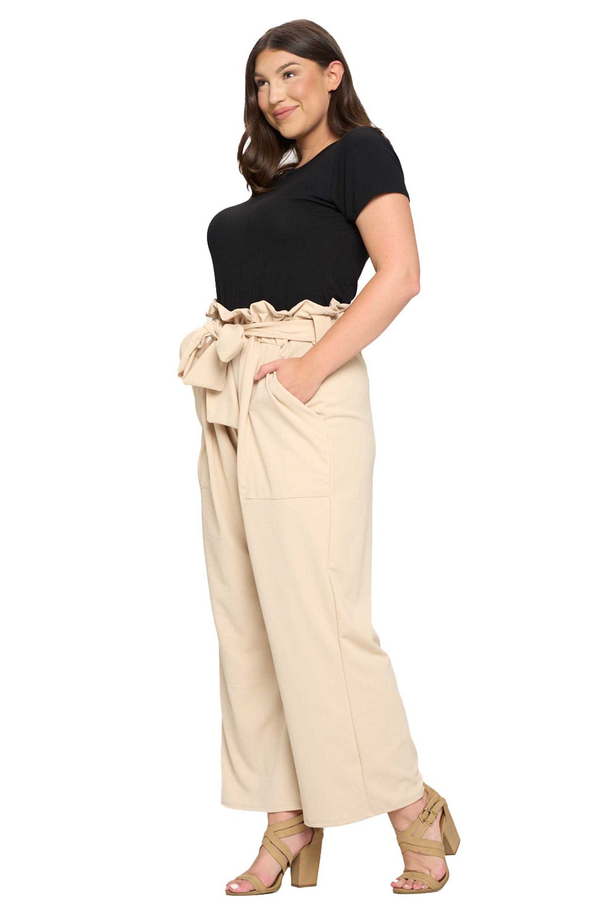 plus size paperbag belt tie pants with large pockets in taupe beige
