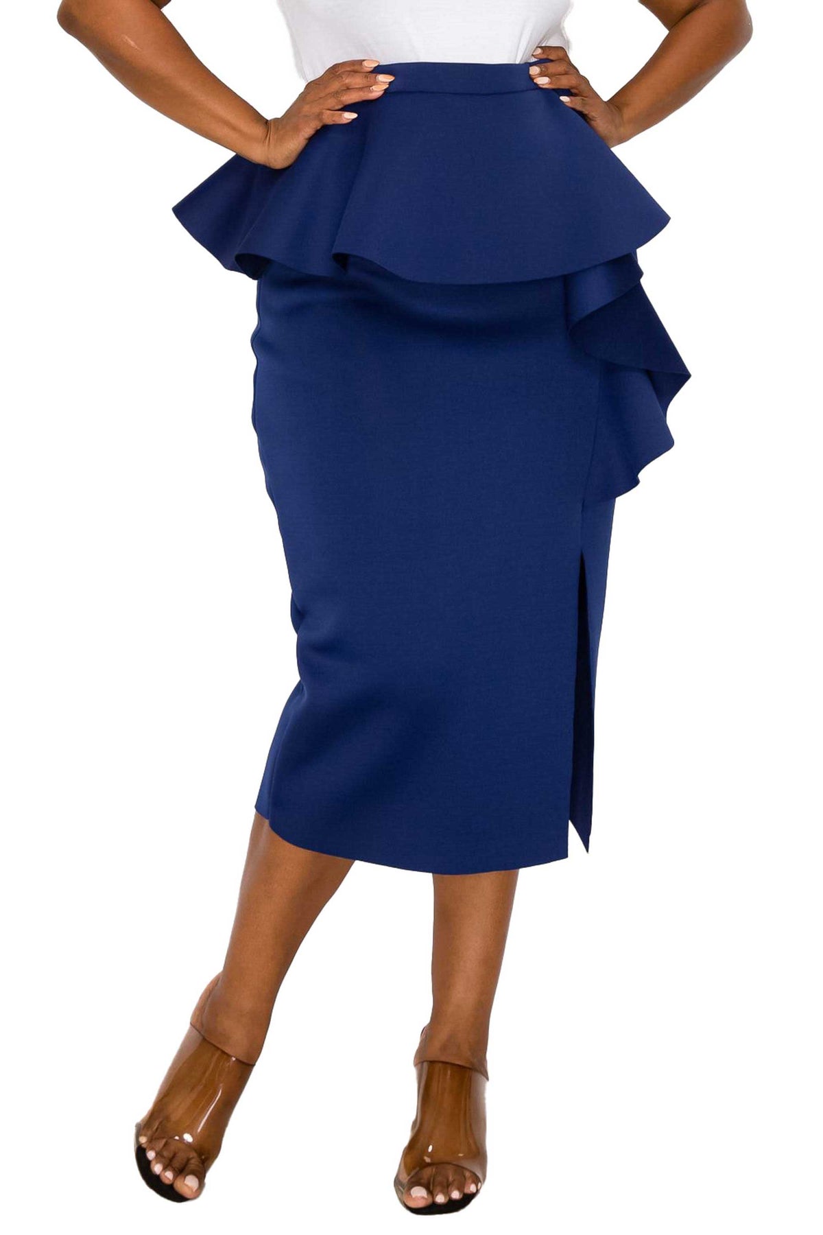 livd L I V D women's trendy contemporary plus size peplum midi skirt with ruffles and leg slit neoprene air scuba fabric in navy