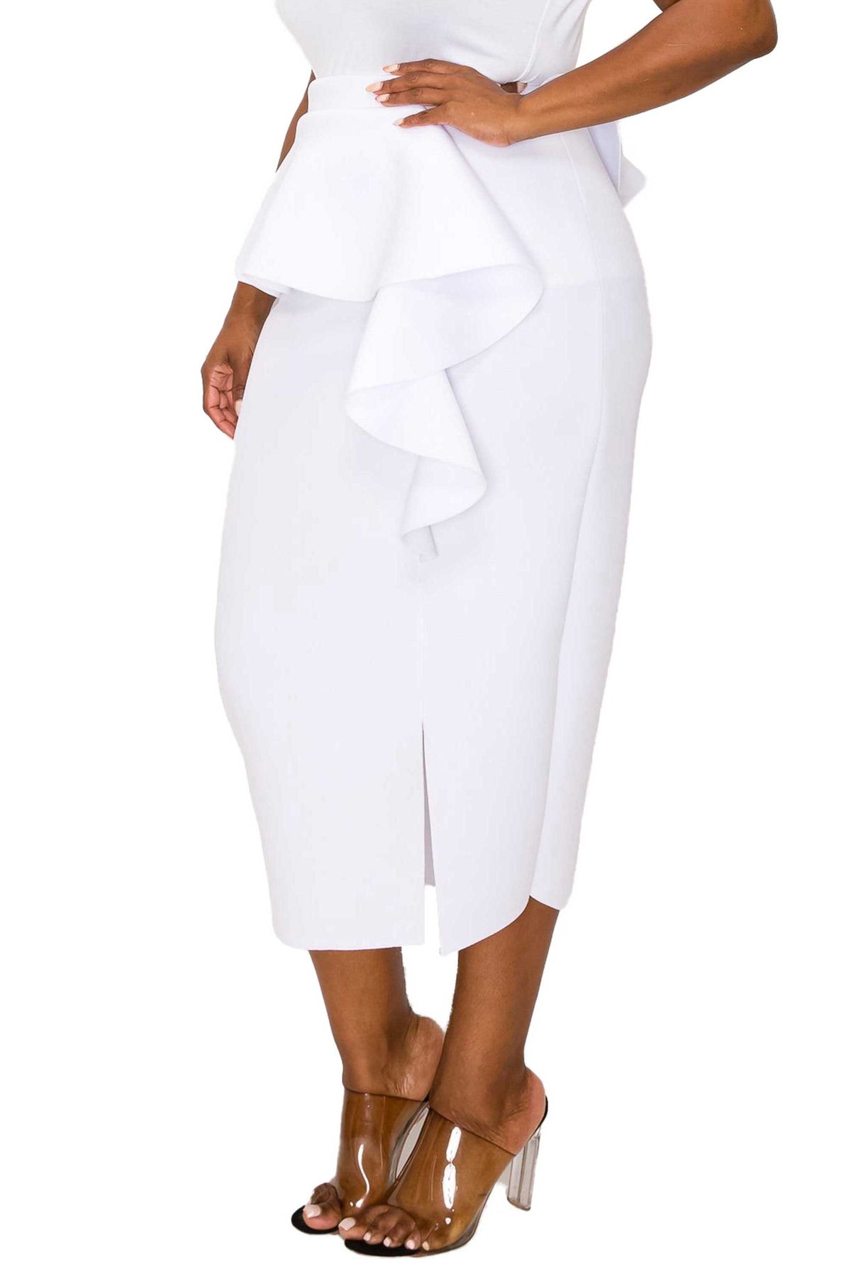 livd L I V D women's trendy contemporary plus size peplum midi skirt with ruffles and leg slit neoprene air scuba fabric in white