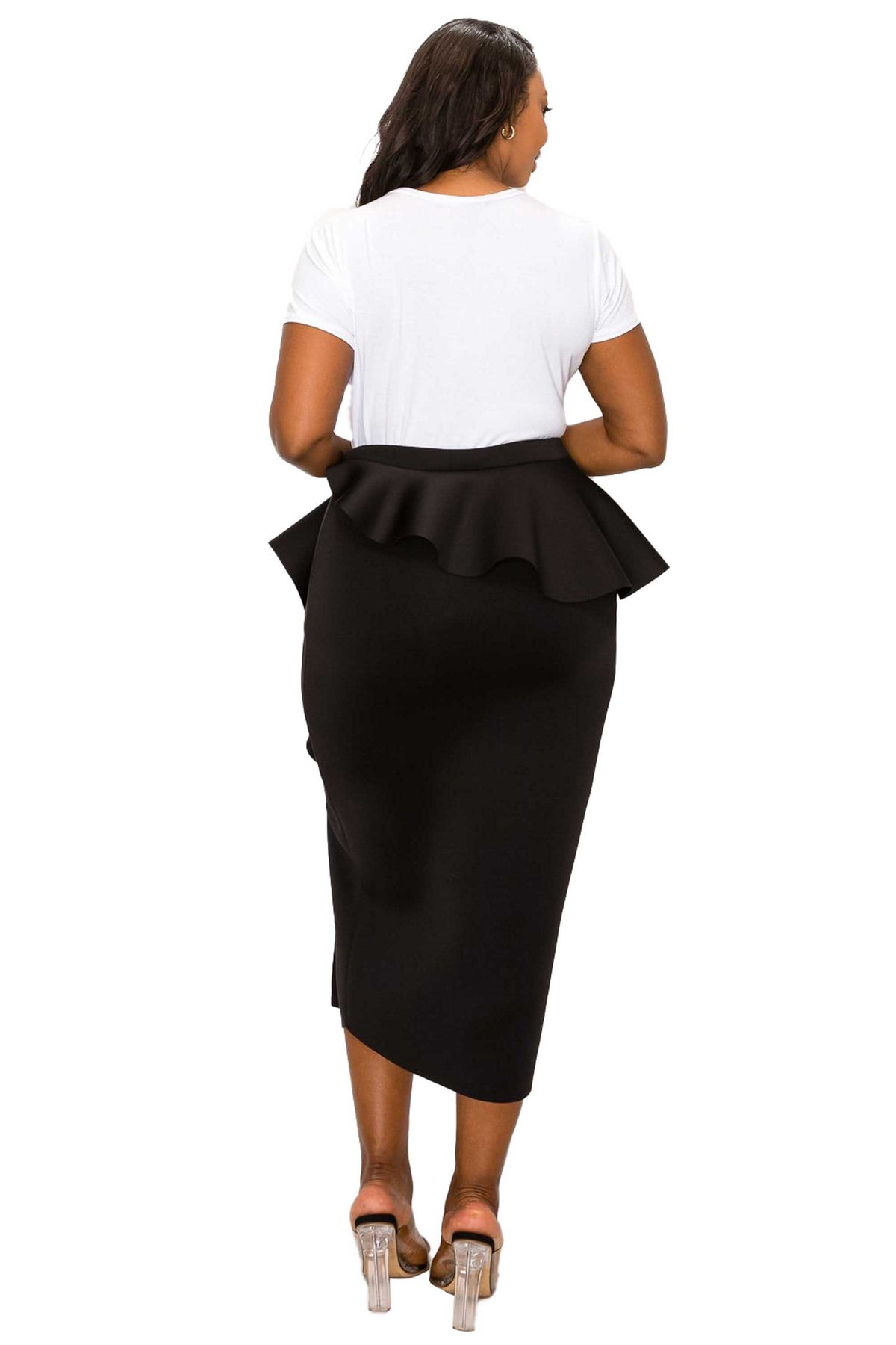 livd L I V D women's trendy contemporary plus size peplum midi skirt with ruffles and leg slit neoprene air scuba fabric in black