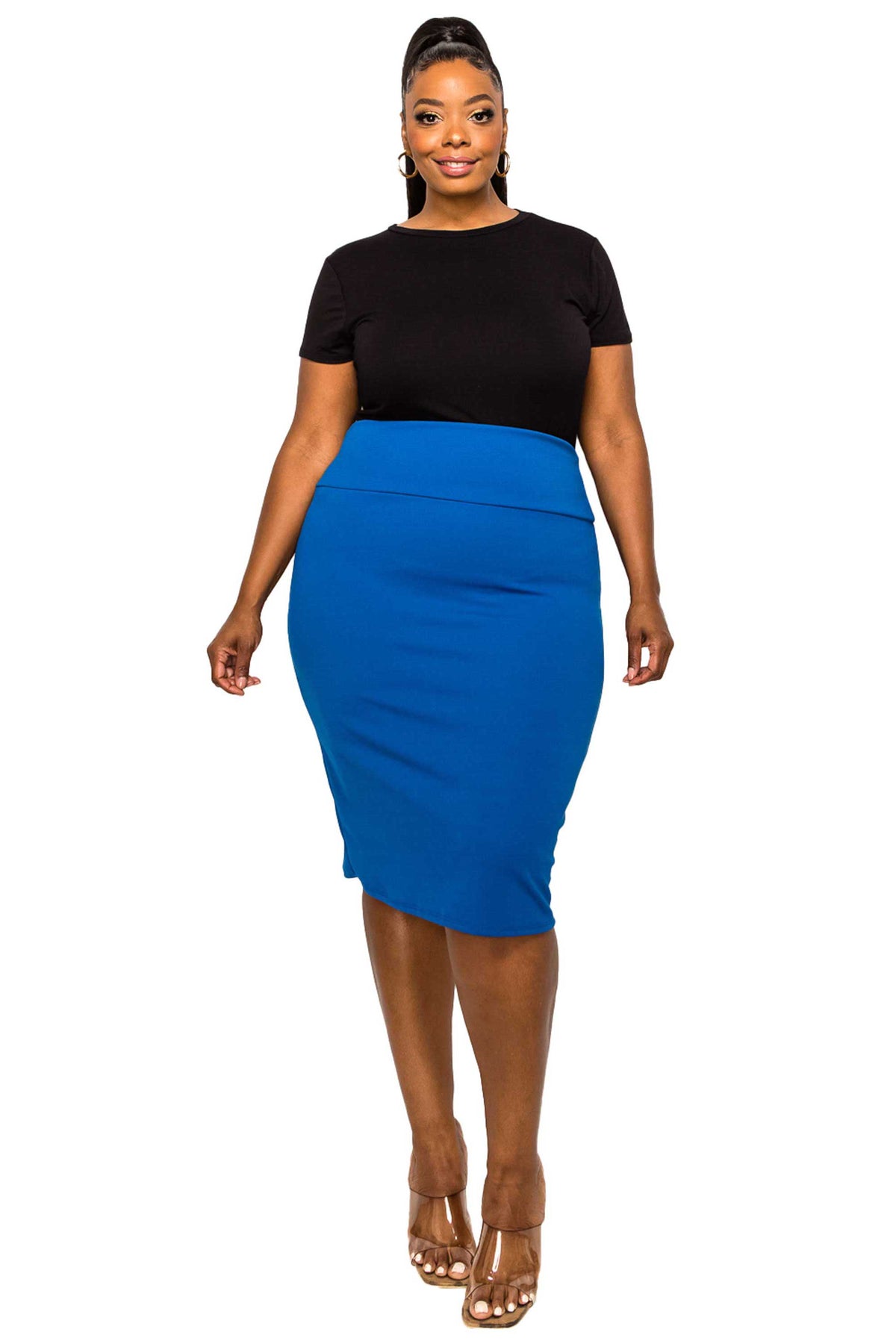 livd apparel plus size boutique basic pencil skirt in blue