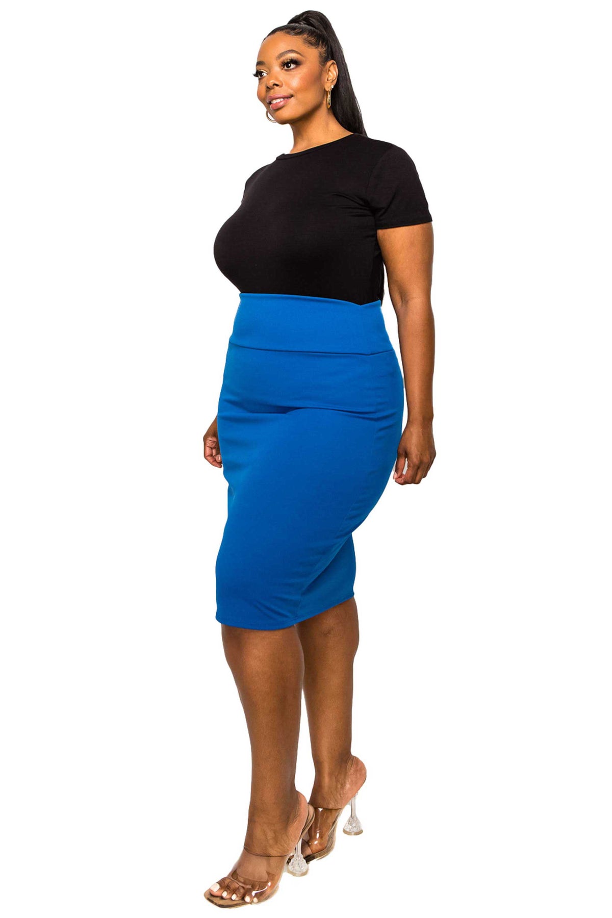 livd apparel plus size boutique basic pencil skirt in blue
