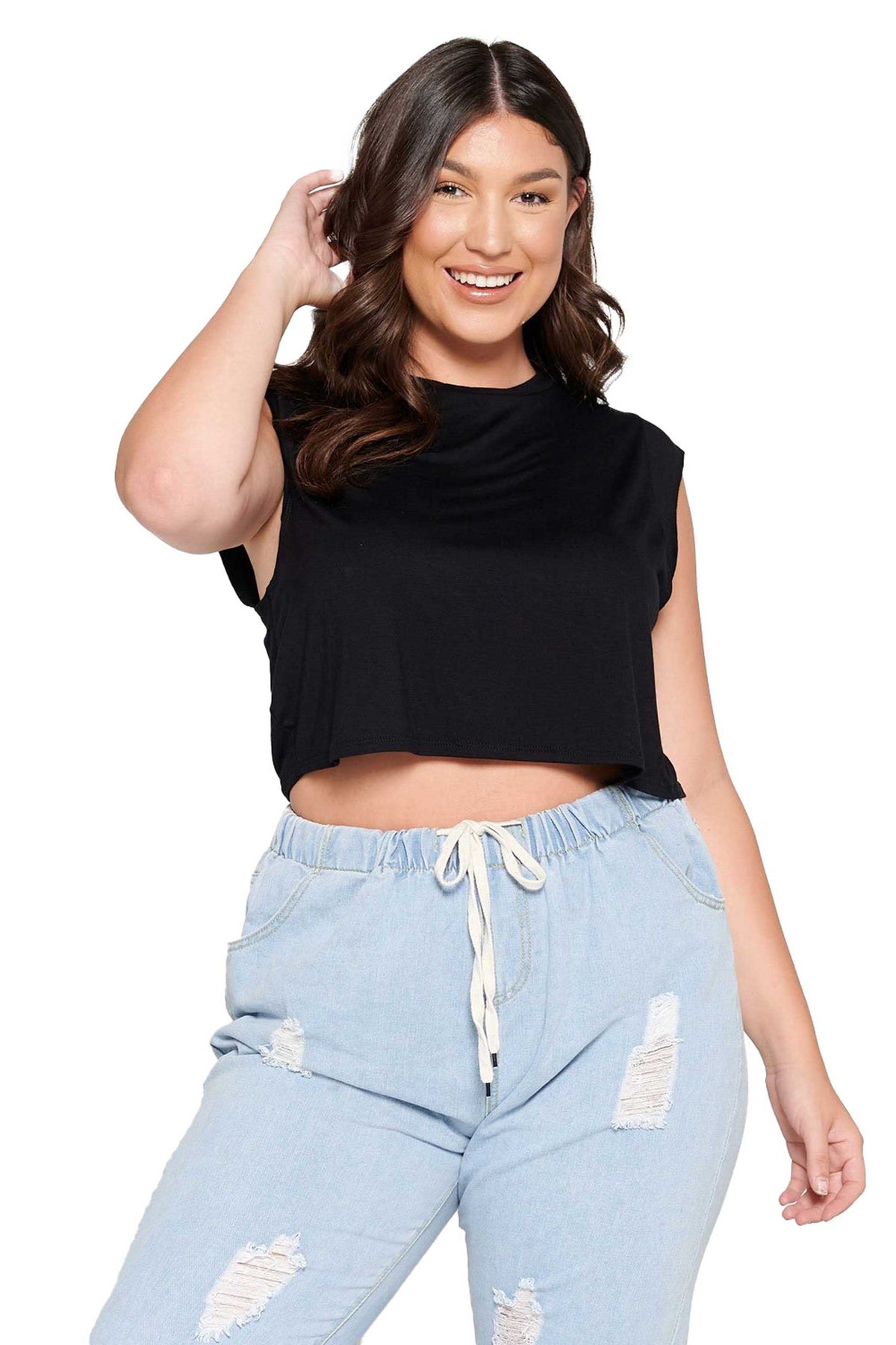 LIVD Apparel chic trendy plus size clothing black loose fitting crop top with mini cap sleeves