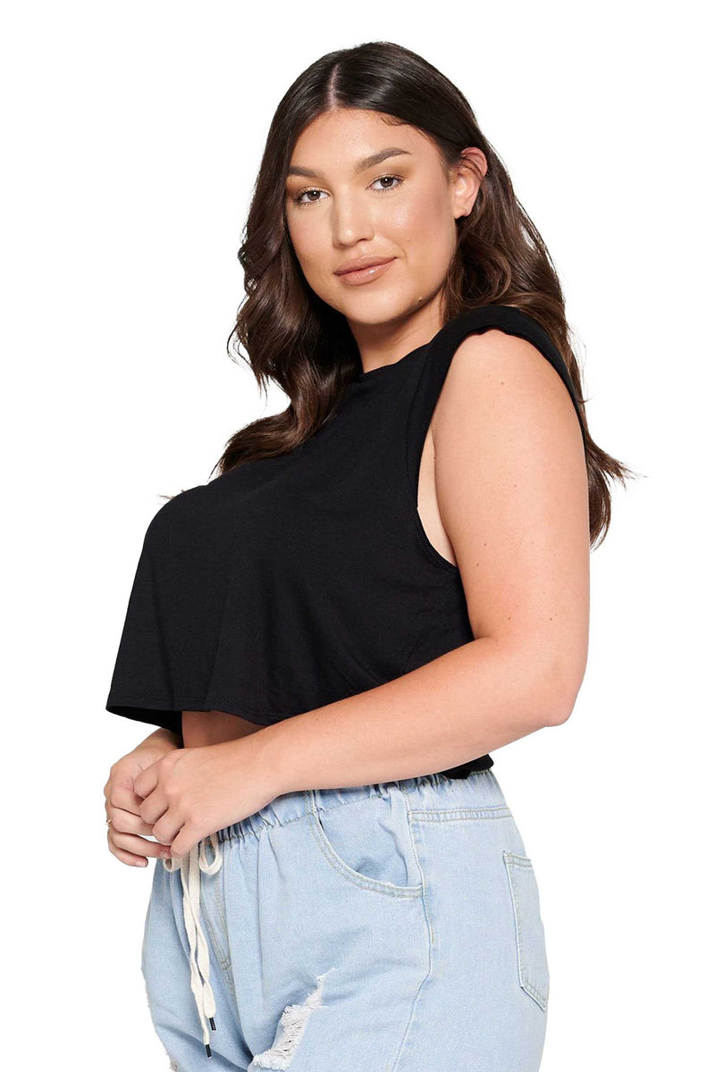 LIVD Apparel chic trendy plus size clothing black loose fitting crop top with mini cap sleeves