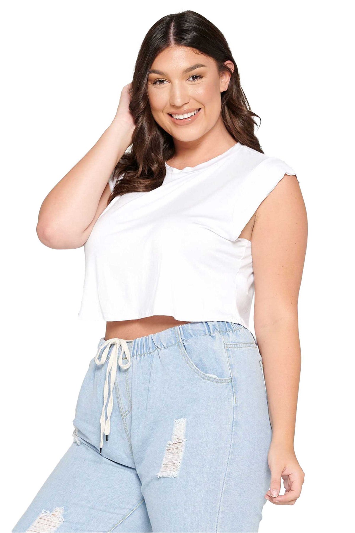 LIVD Apparel chic trendy plus size clothing white loose fitting crop top with mini cap sleeves