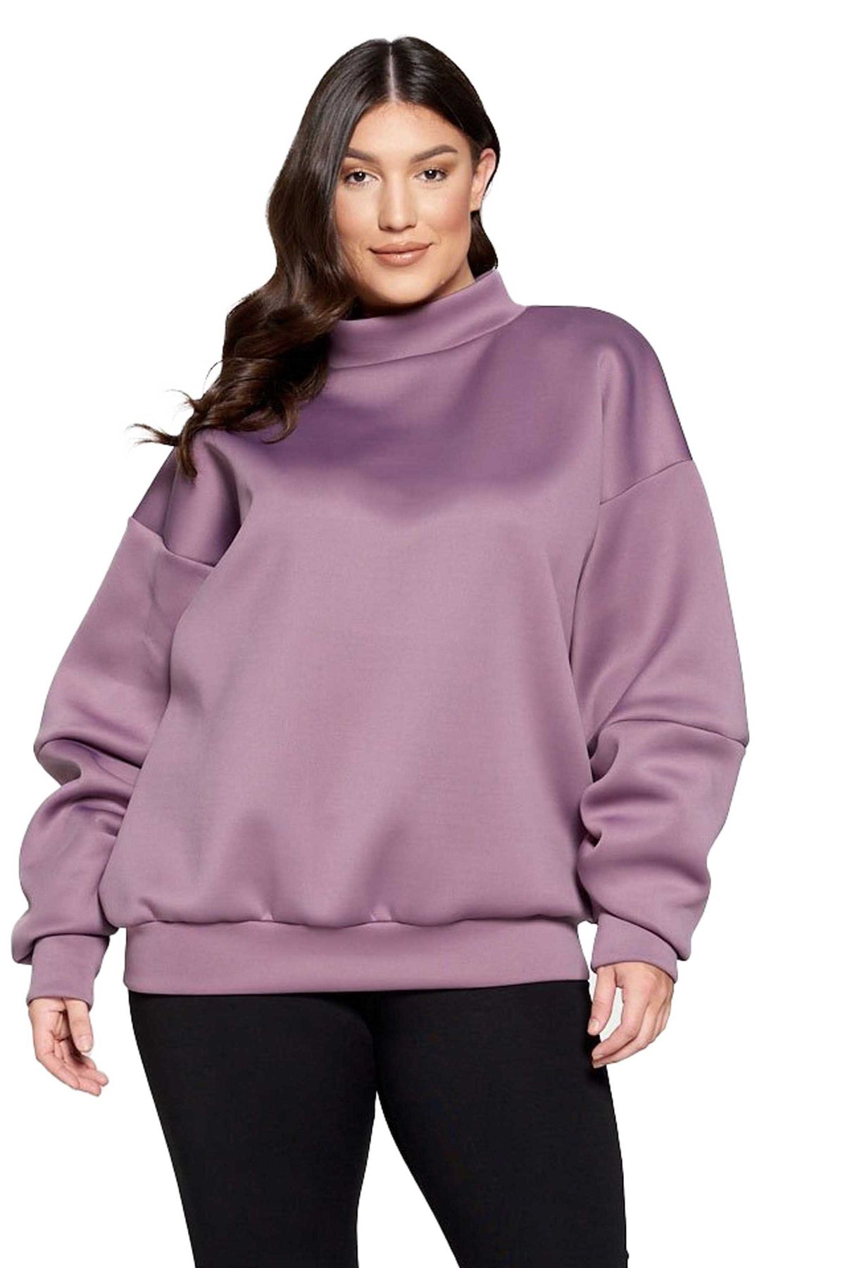 livd L I V D women's contemporary plus size boutique neoprene sweater sweatshirt with exaggerated sleeves in dusty plum lilac purple