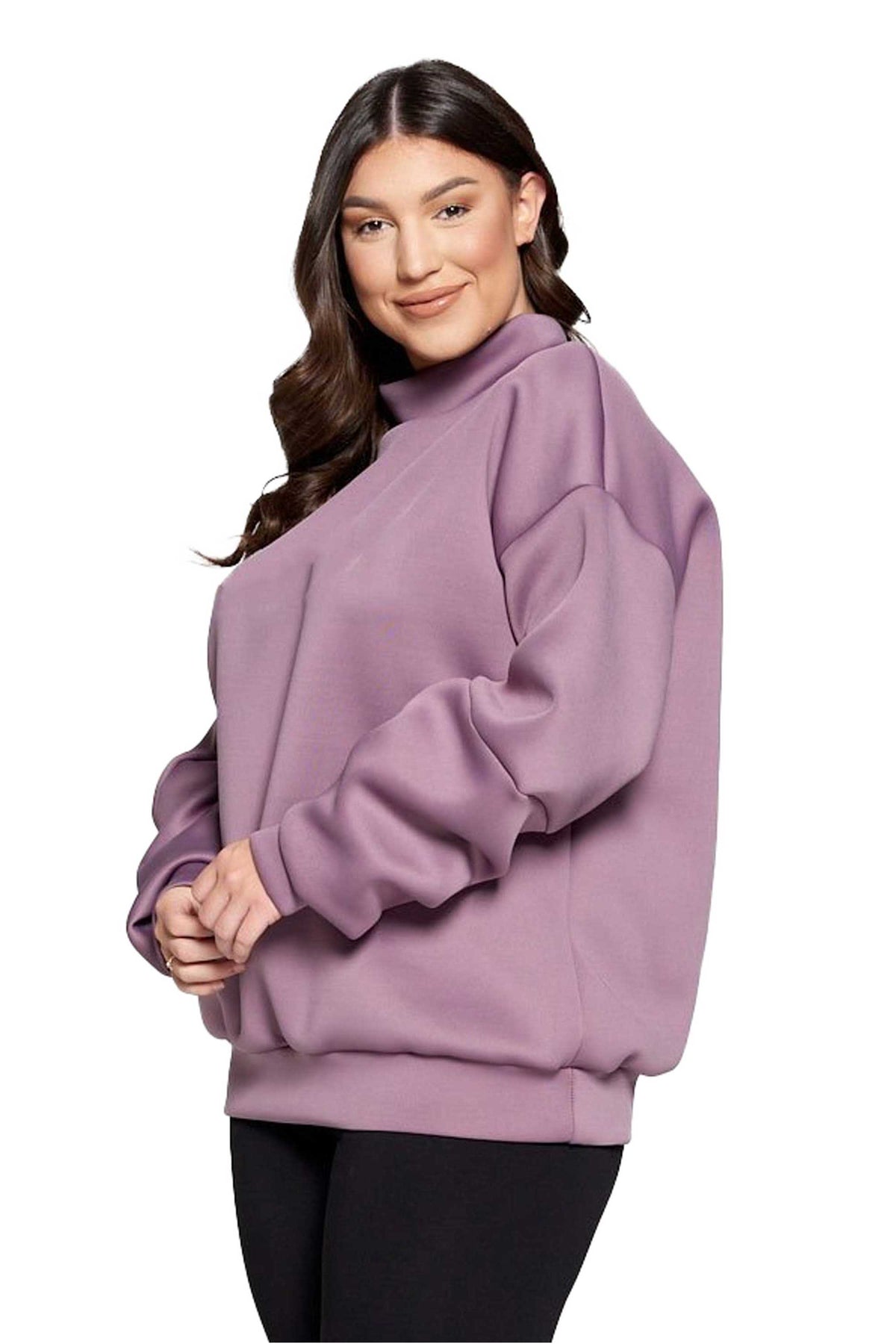 livd L I V D women's contemporary plus size boutique neoprene sweater sweatshirt with exaggerated sleeves in dusty plum lilac purple