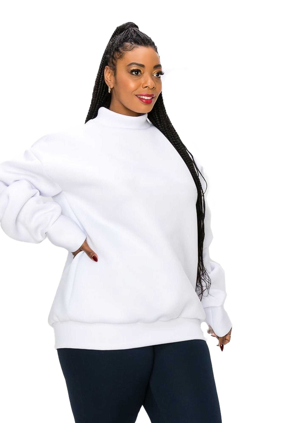 livd L I V D women's contemporary plus size boutique neoprene sweater sweatshirt with exaggerated sleeves in arctic white