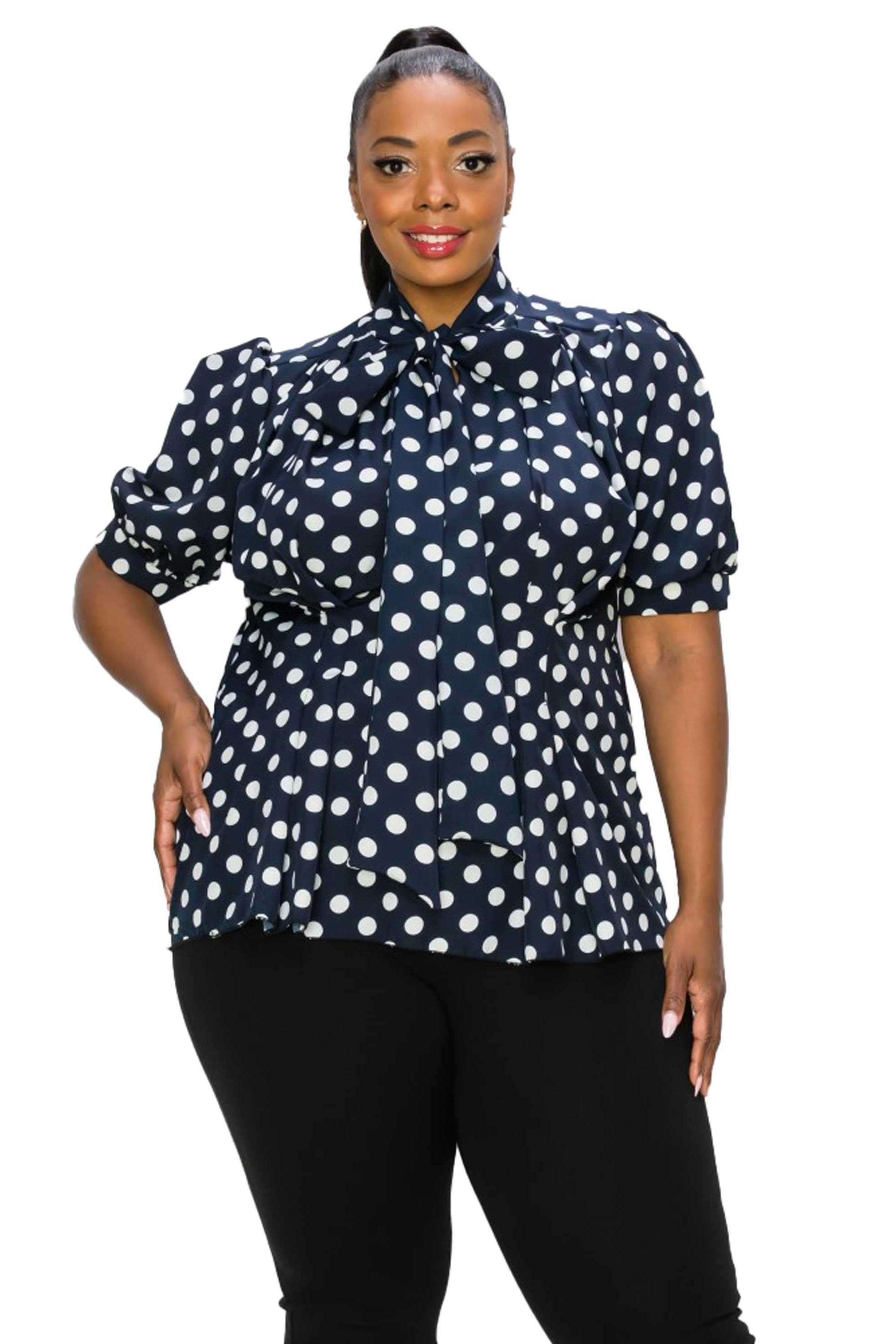 Plus Size Minnie Polka Dot Tie Neck Blouse L I V D