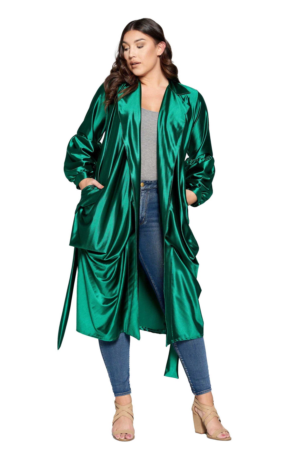 livd L I V D women's contemporary plus size fashion tie coat in shiny stretch satin in gucci green emerald