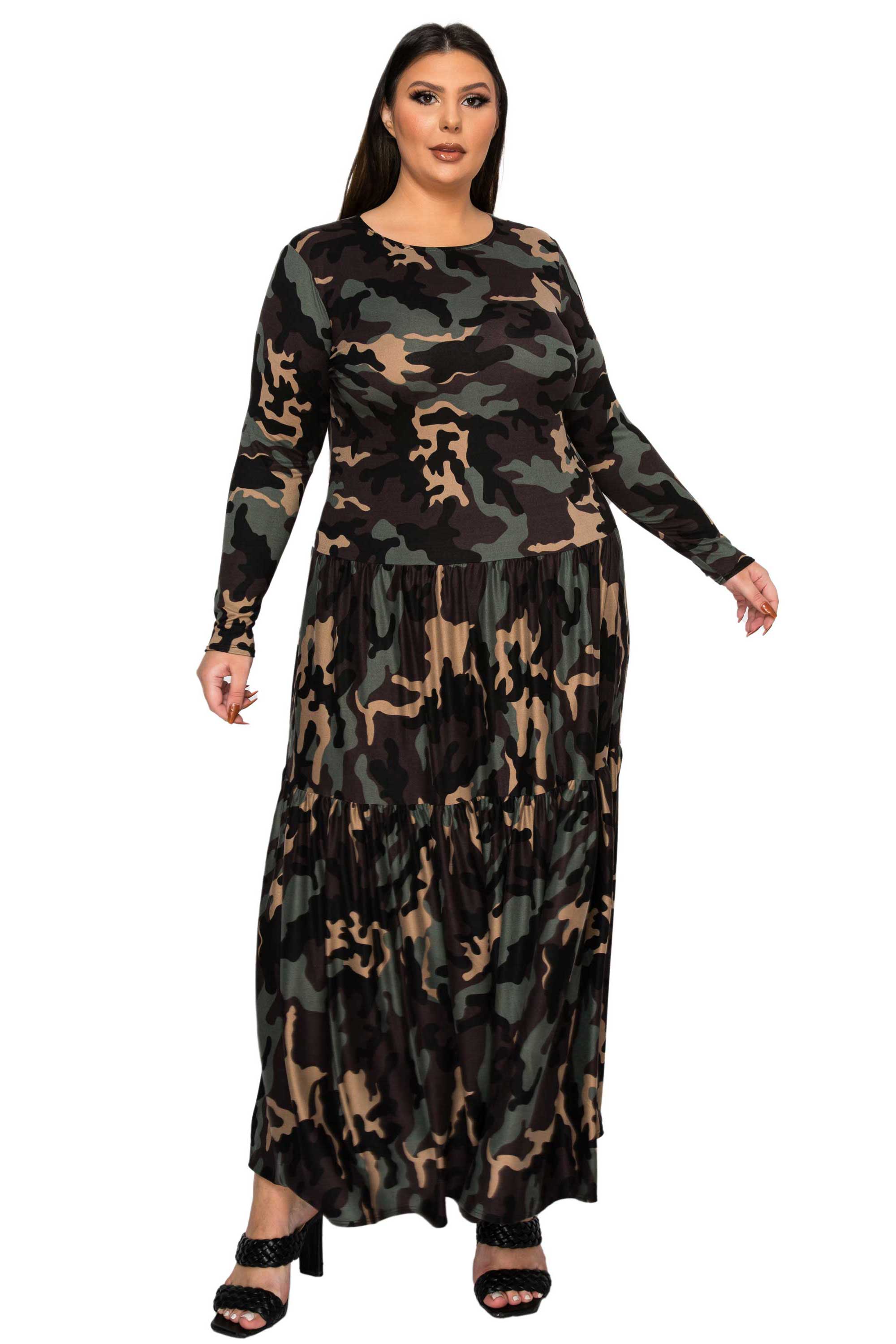 Camo Tiered Maxi Dress With Long Sleeves | Made in USA | LIVD Apparel L I V D Camo Tiered Maxi Dress With Long Sleeves | Made in USA | LIVD Apparel L I V D