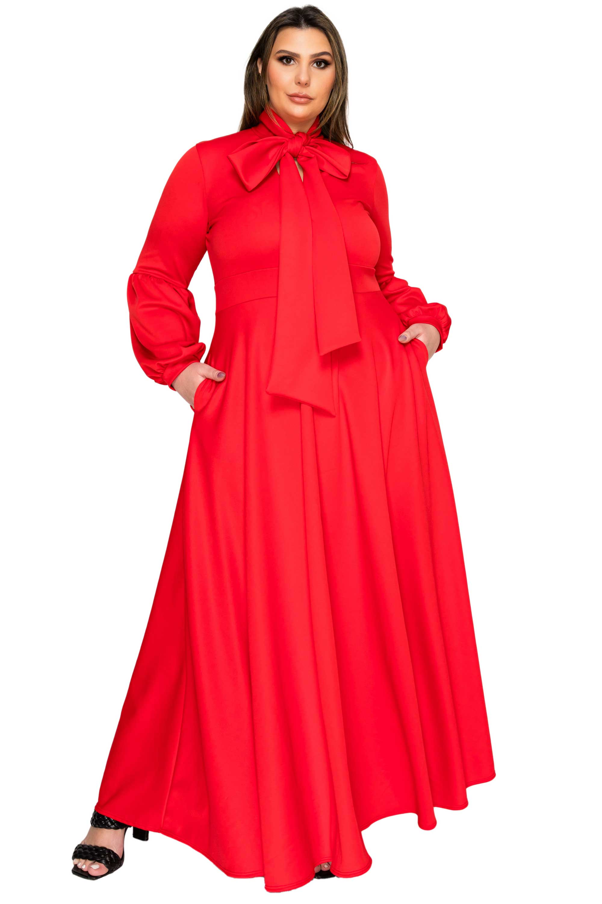 Plus Size Bella Donna Dress with Ribbon and Bishop Sleeves