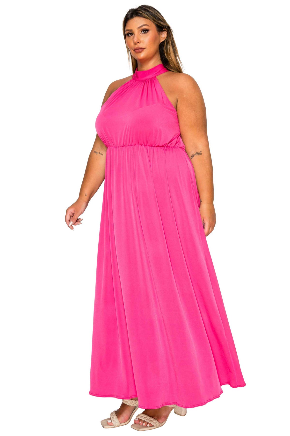 plus size halter dress Plus-Size Long Halter Prom Dress with Side Sash Burgundy / 4X