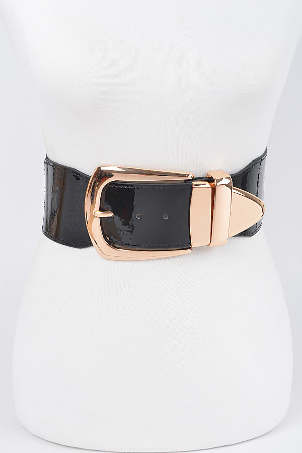 Large Buckle Glossy Stretch Belt