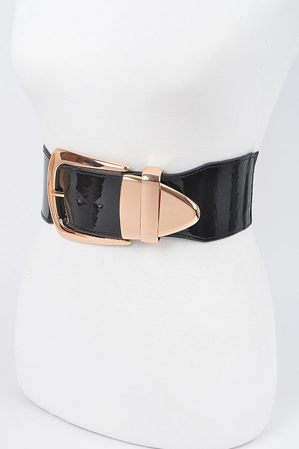 Large Buckle Glossy Stretch Belt