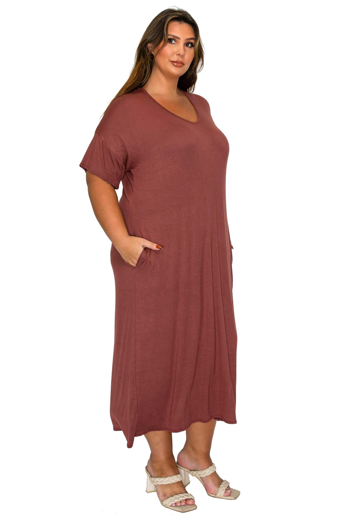 L I V D Women's Plus Size Olivia Pocket Midi Dress - Lt Brown L I V D Women's Plus Size Olivia Pocket Midi Dress - Lt Brown