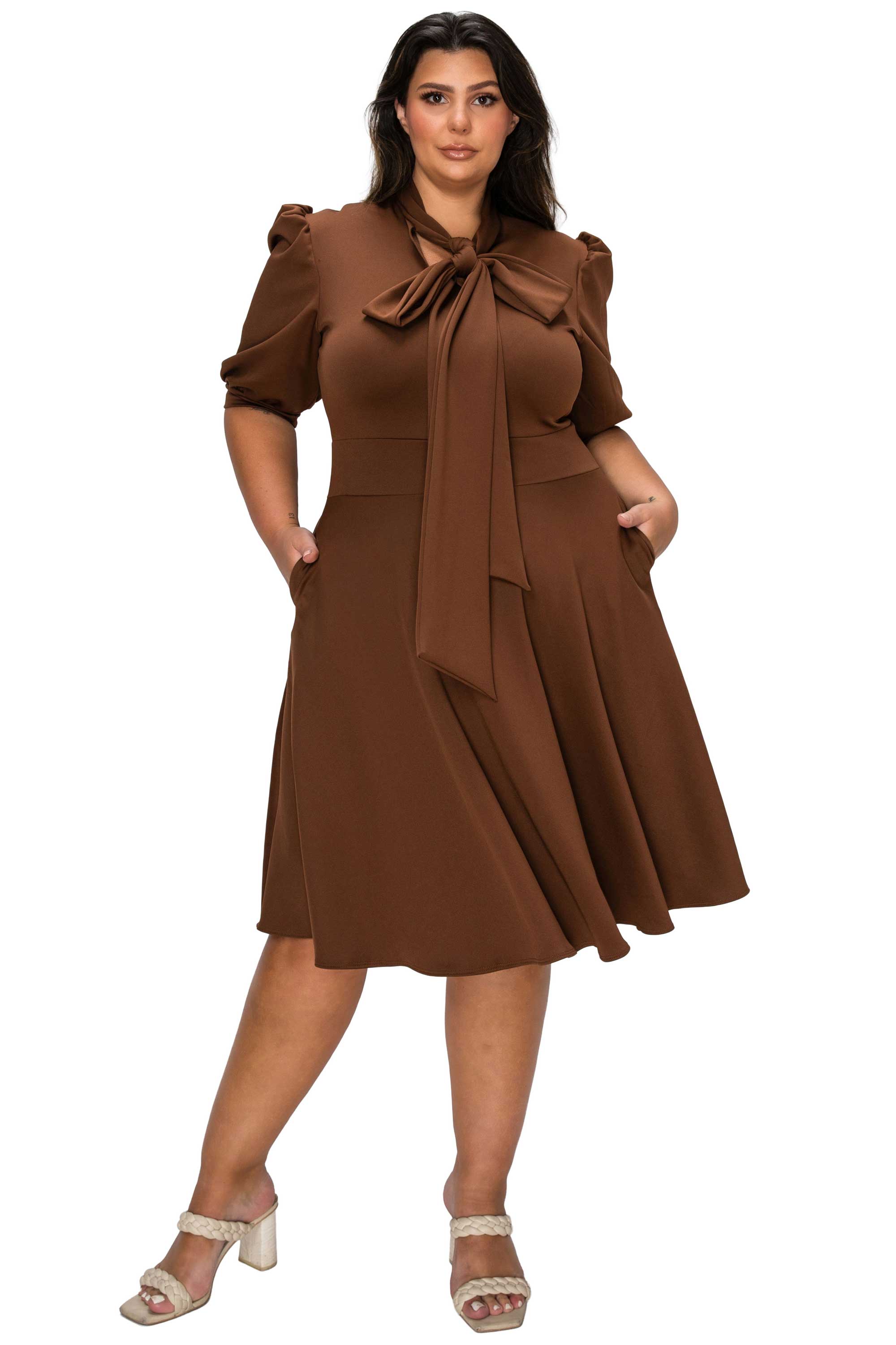 AMERI CLOUD FLARE DRESS ブラウンS Plus Size Carina Donna Flare Dress w/ Pockets – L I V D