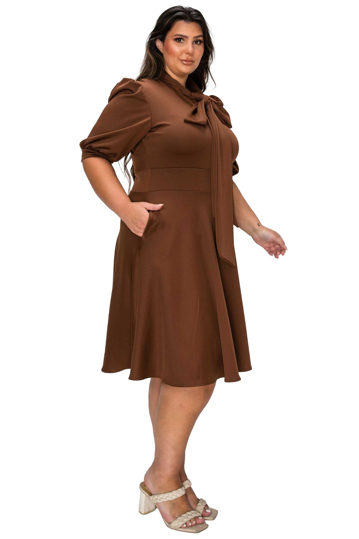 L I V D Plus Size Carina Donna Flare Dress w/ Pockets - Brown L I V D Plus Size Carina Donna Flare Dress w/ Pockets - Brown