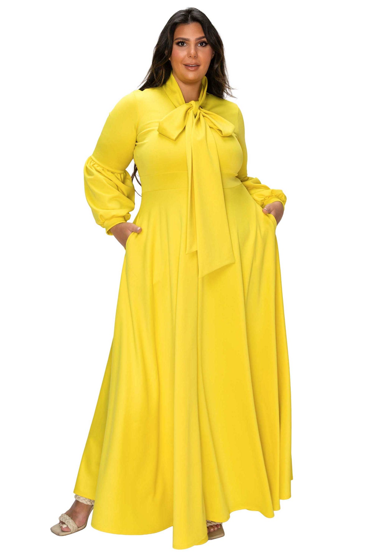 L I V D Women's Plus Size Bella Donna Dress with Ribbon and Bishop Sleeves, Yellow, 3XL L I V D Women's Plus Size Bella Donna Dress with Ribbon and Bishop Sleeves, Yellow, 3XL