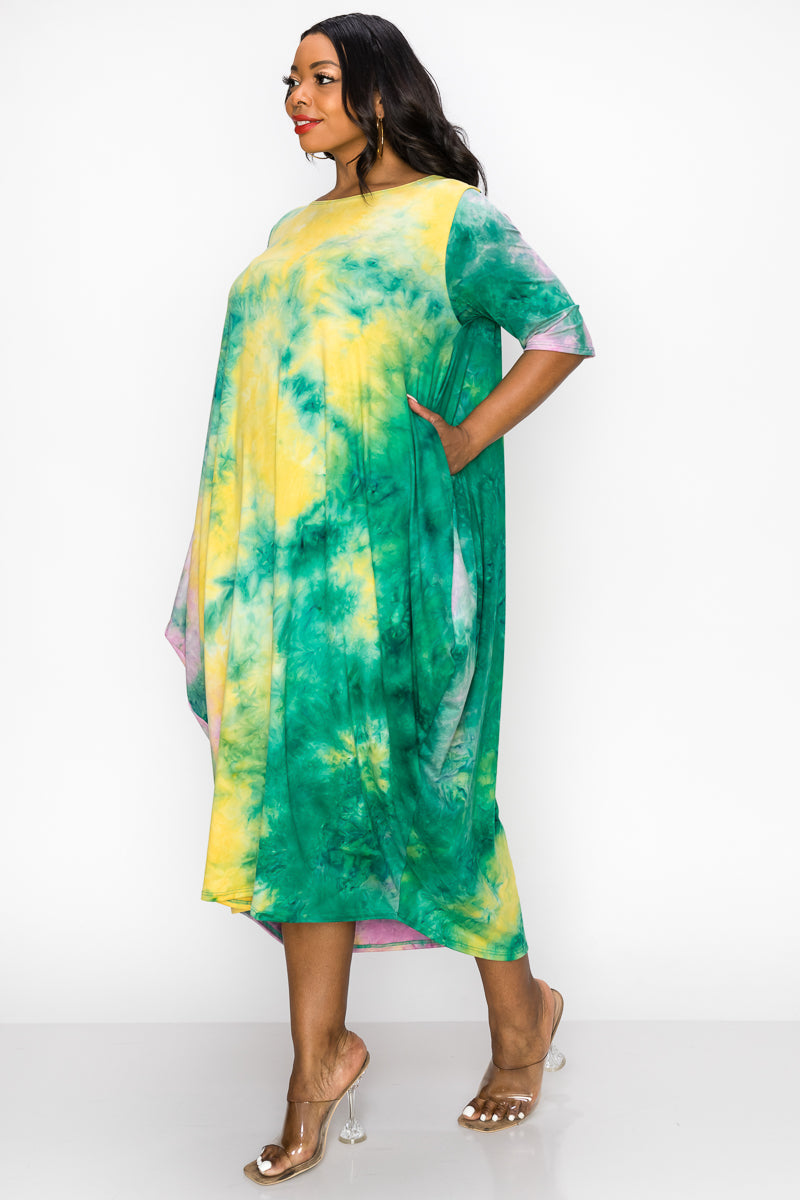 livd apparel contemporary plus size fashion boutique midi harem t shirt dress in green yellow tie dye