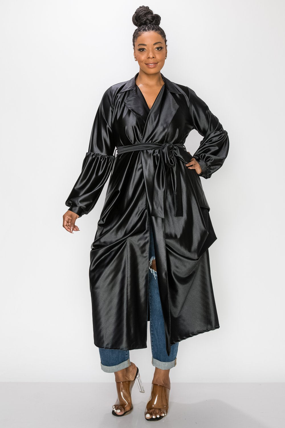 livd L I V D contemporary women's plus size satin coat with belt tie in black