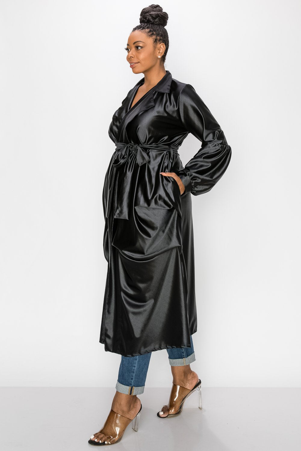livd L I V D contemporary women's plus size satin coat with belt tie in black