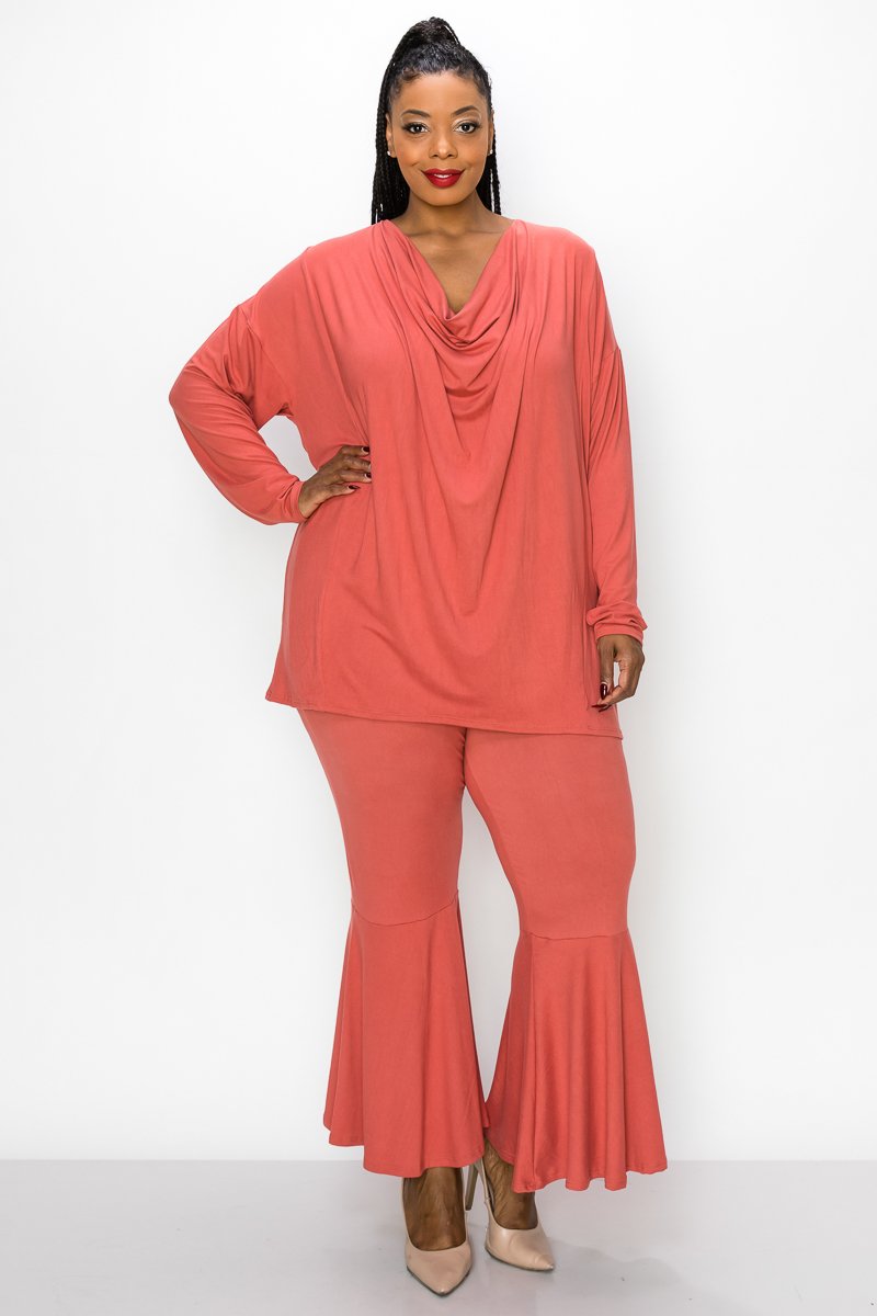 livd plus size boutique women's contemporary plus size clothing draped top and flared pants loungewear set in ginger red pink