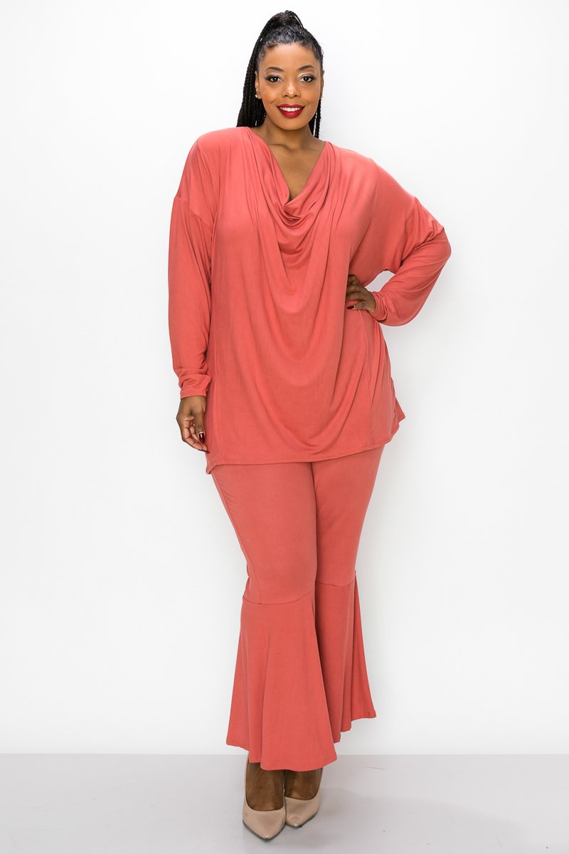 livd plus size boutique women's contemporary plus size clothing draped top and flared pants loungewear set in ginger red pink