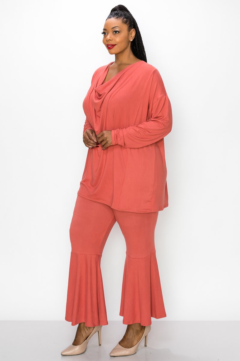 livd plus size boutique women's contemporary plus size clothing draped top and flared pants loungewear set in ginger red pink