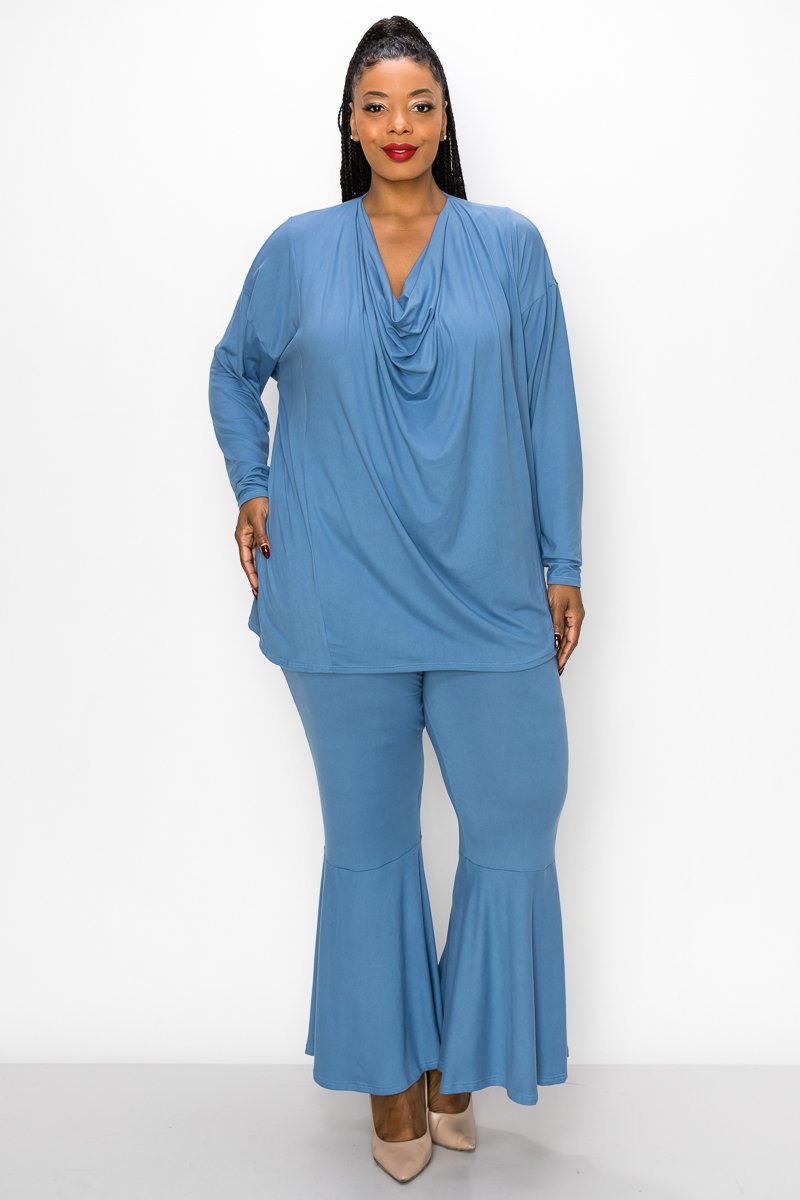 livd plus size boutique women's contemporary plus size clothing draped top and flared pants loungewear set in blue