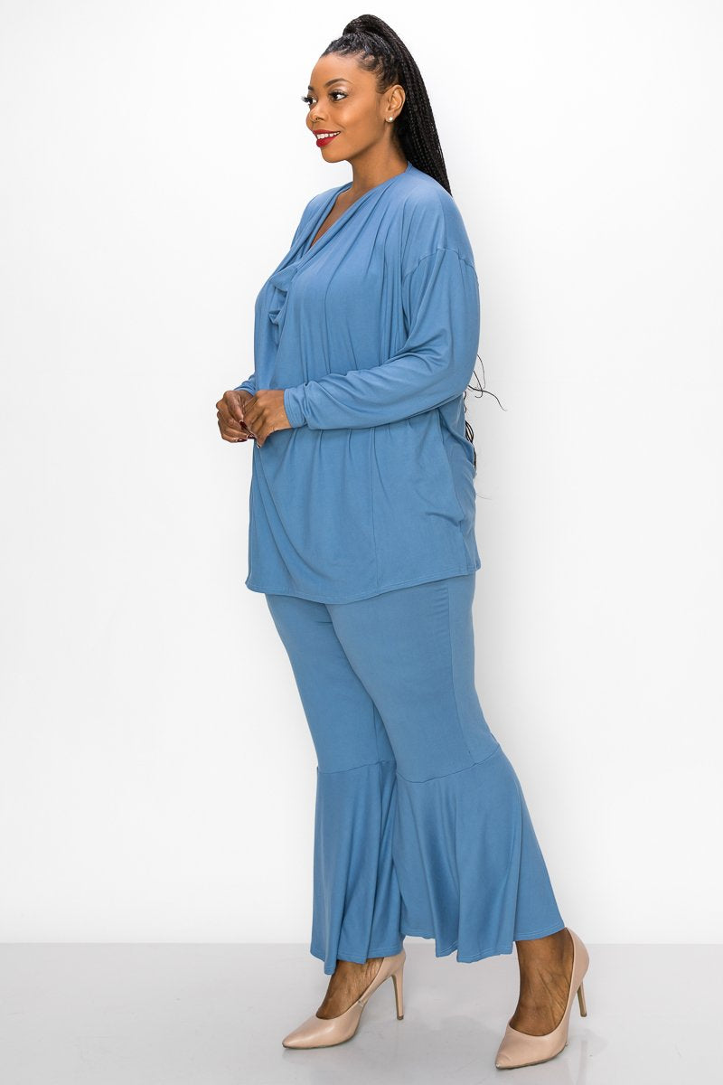 livd plus size boutique women's contemporary plus size clothing draped top and flared pants loungewear set in blue