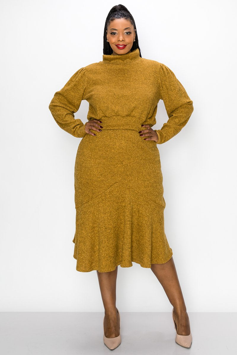 livd L I V D plus size boutique brushed hacci rib sweater top and skirt in mustard yellow