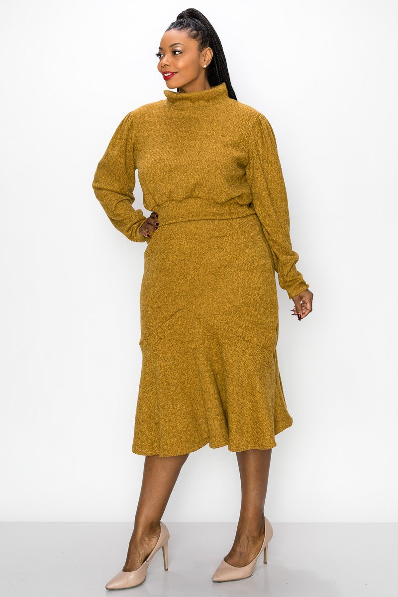 livd L I V D plus size boutique brushed hacci rib sweater top and skirt in mustard yellow