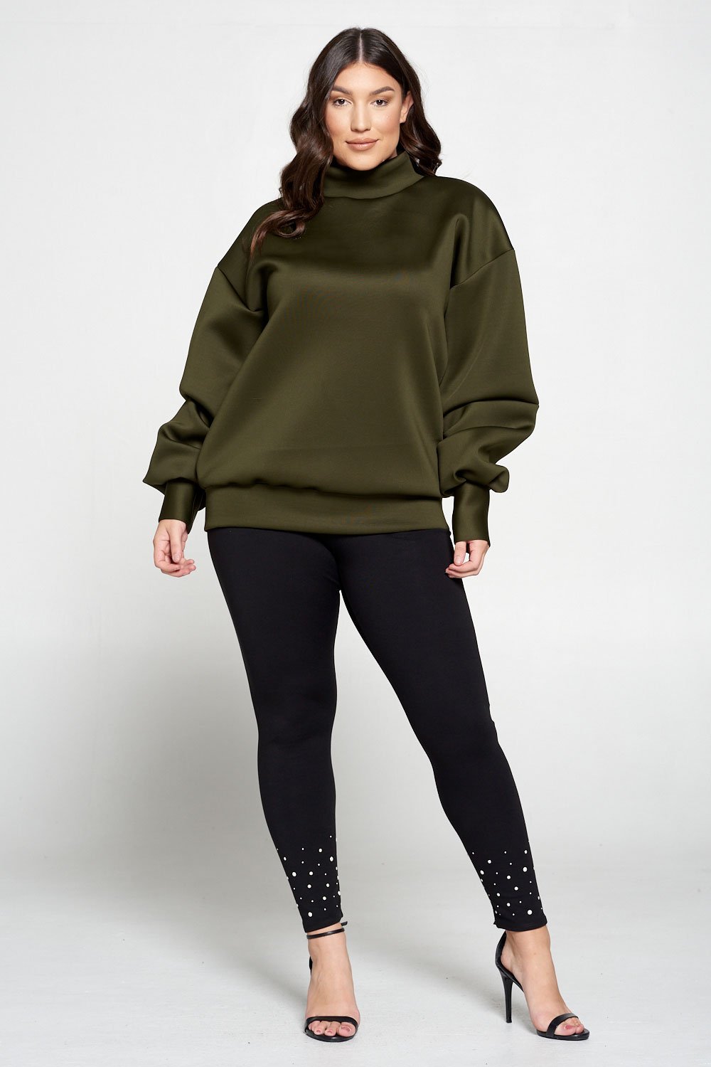 livd L I V D women's contemporary plus size boutique neoprene sweater sweatshirt with exaggerated sleeves in olive green