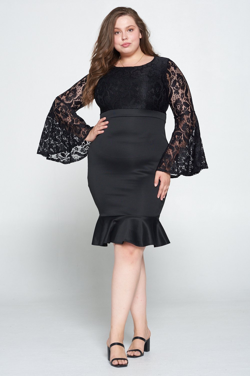 livd L I V D women's trendy contemporary plus size lace dress with bell sleeves and ruffled skirt and invisible zipper in black made in usa