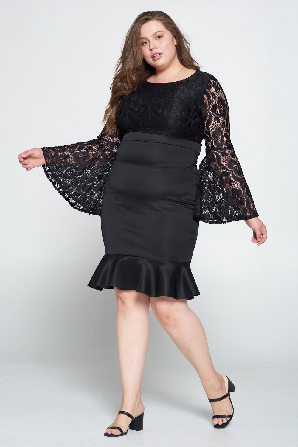livd L I V D women's trendy contemporary plus size lace dress with bell sleeves and ruffled skirt and invisible zipper in black made in usa